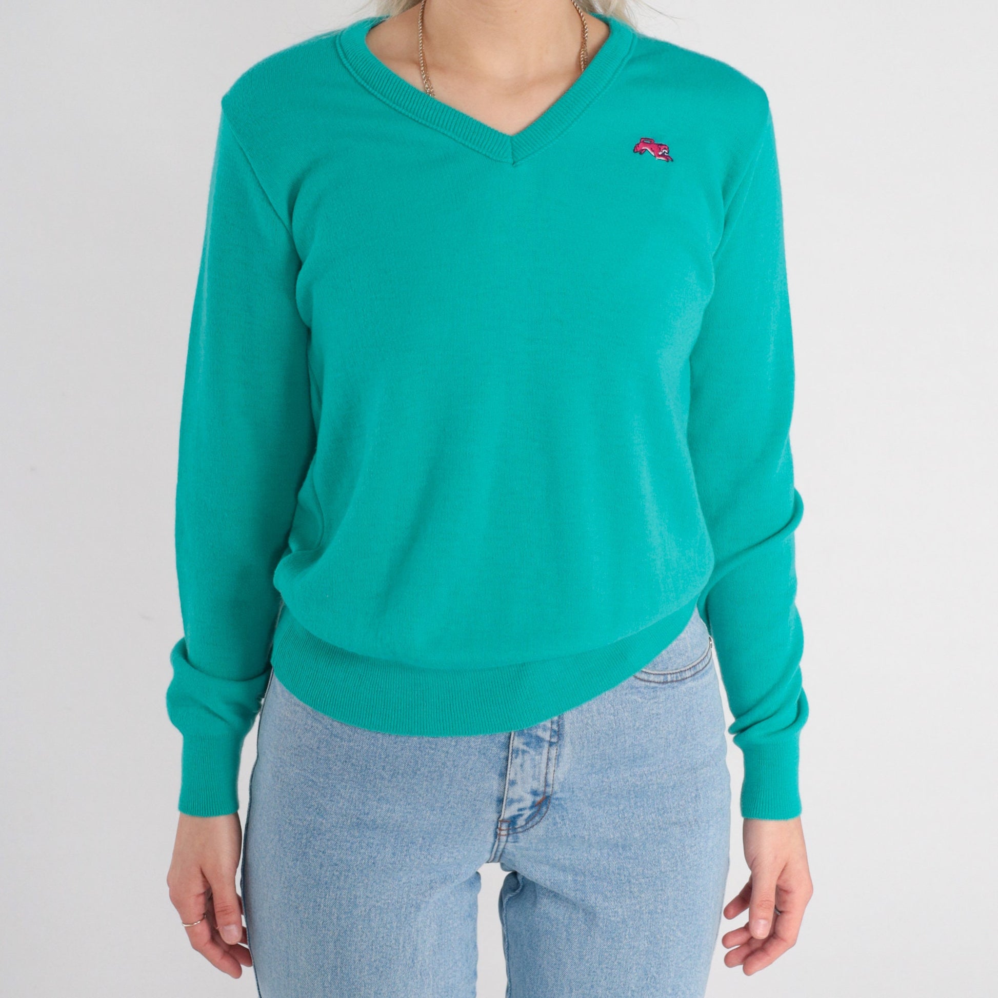 80s Garan Cat Logo V-Neck Knit Sweater Green Medium