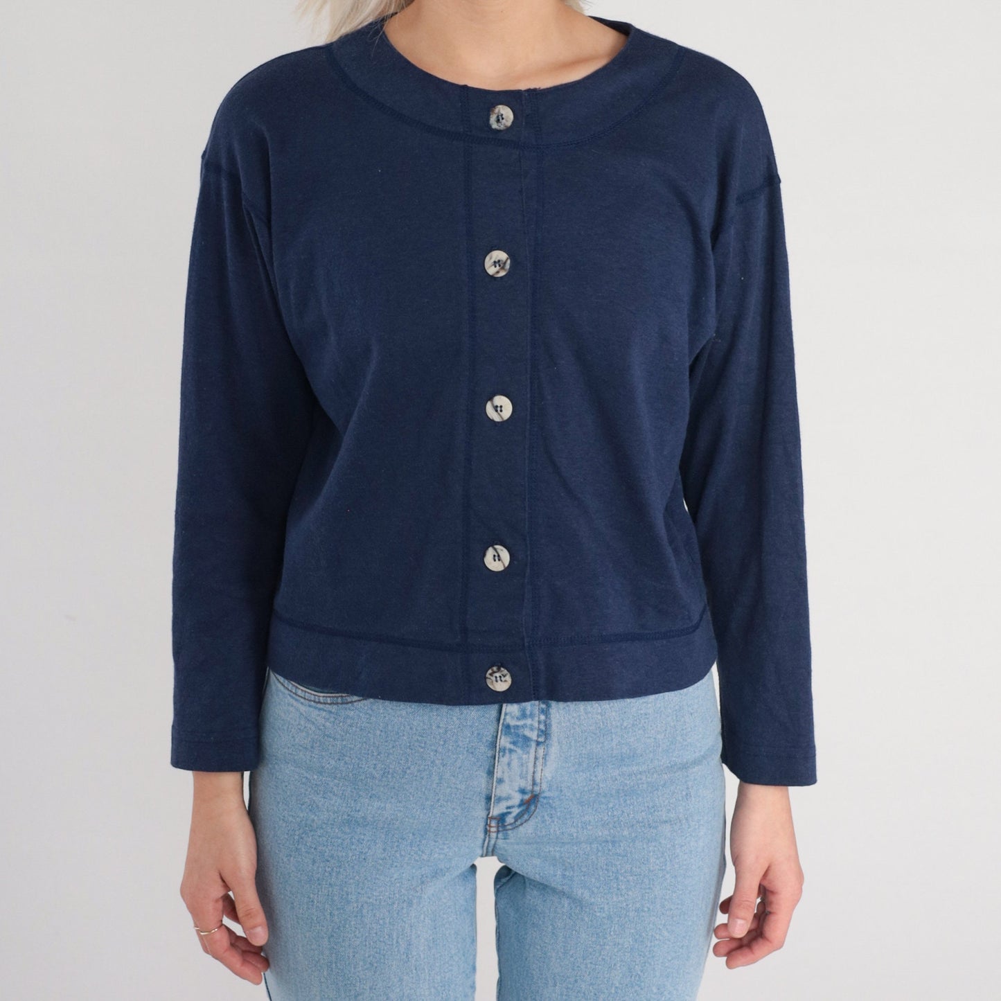 90s Navy Blue Button-Up Shirt Long Sleeve Cotton Blend Small S