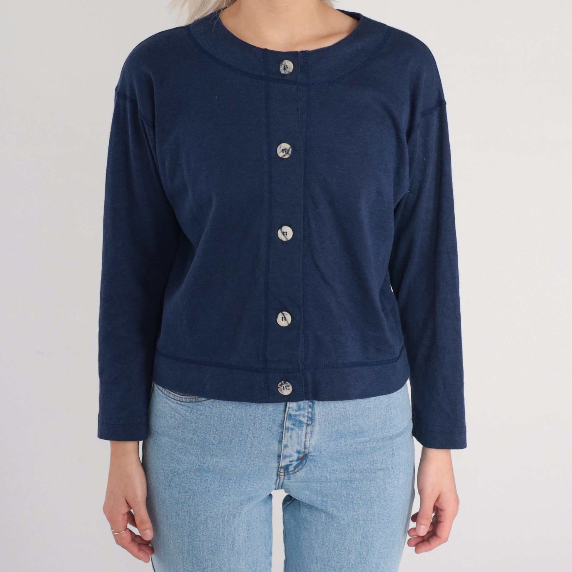 90s Navy Blue Button-Up Shirt Long Sleeve Cotton Blend Small S