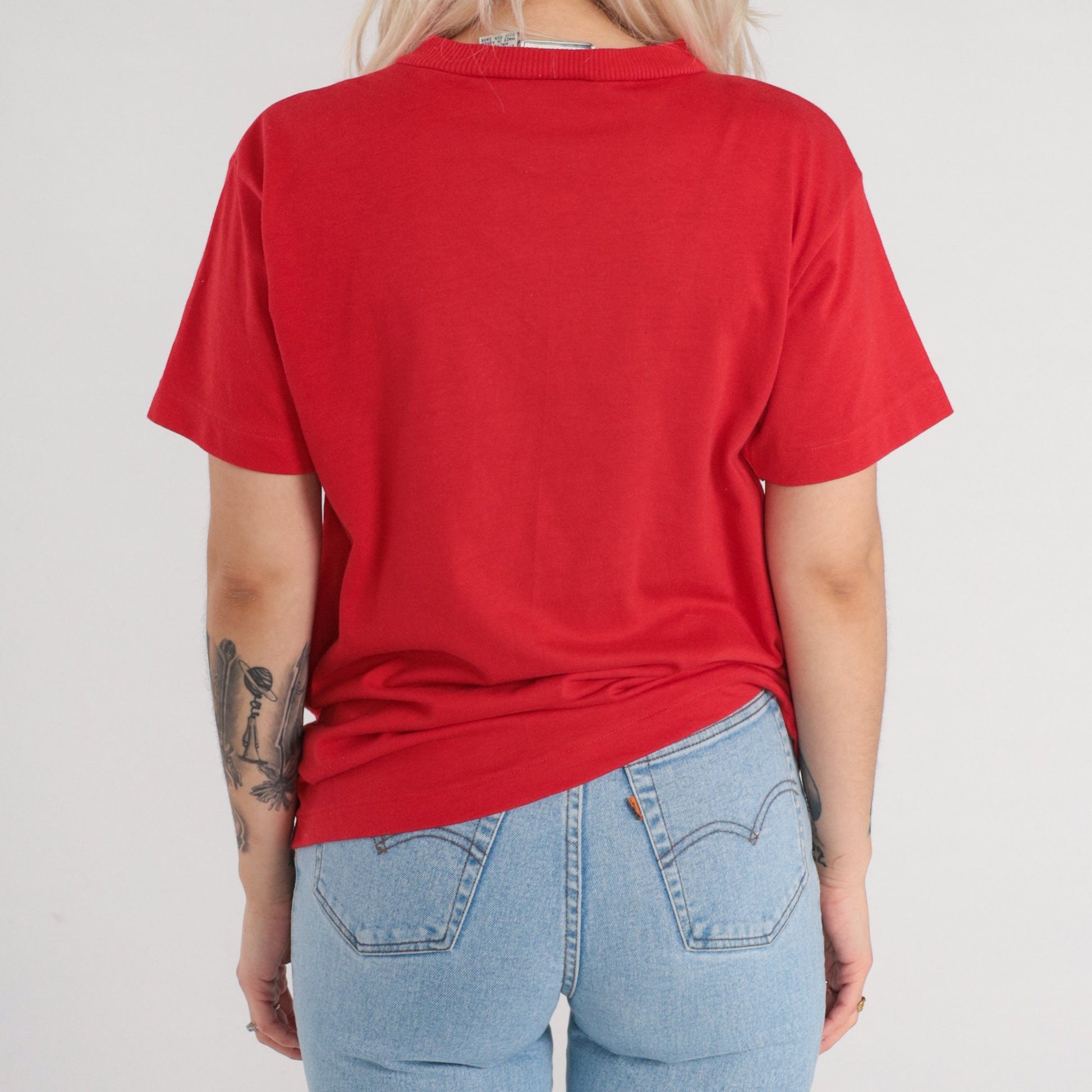 80s Red Henley T-Shirt Single Stitch Cotton Blend Short Sleeve Extra Small