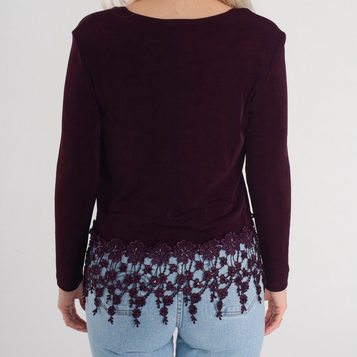 90s Rabbit Rabbit Rabbit Dark Maroon Blouse Crochet Floral Trim Scoop Neck Small