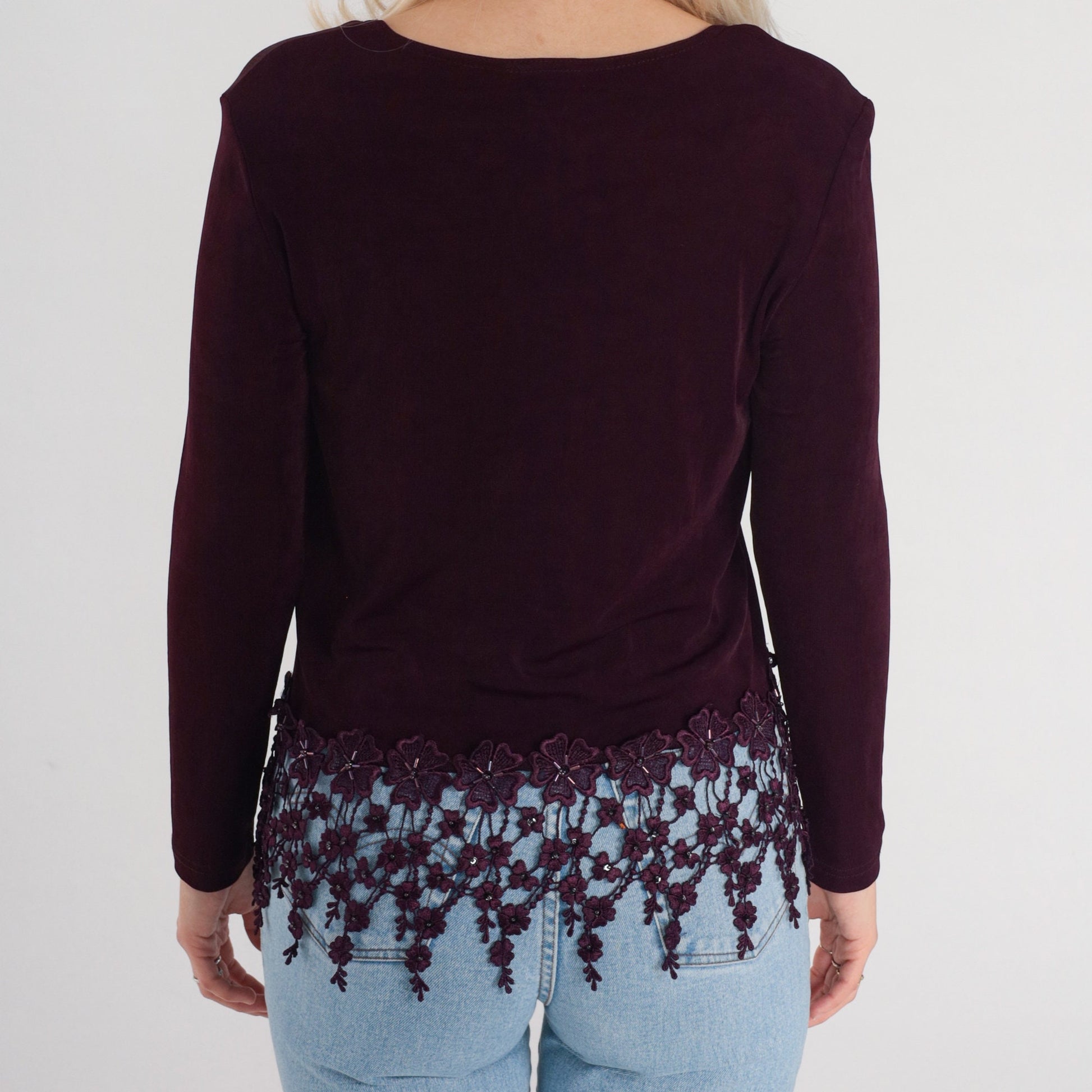 90s Rabbit Rabbit Rabbit Dark Maroon Blouse Crochet Floral Trim Scoop Neck Small