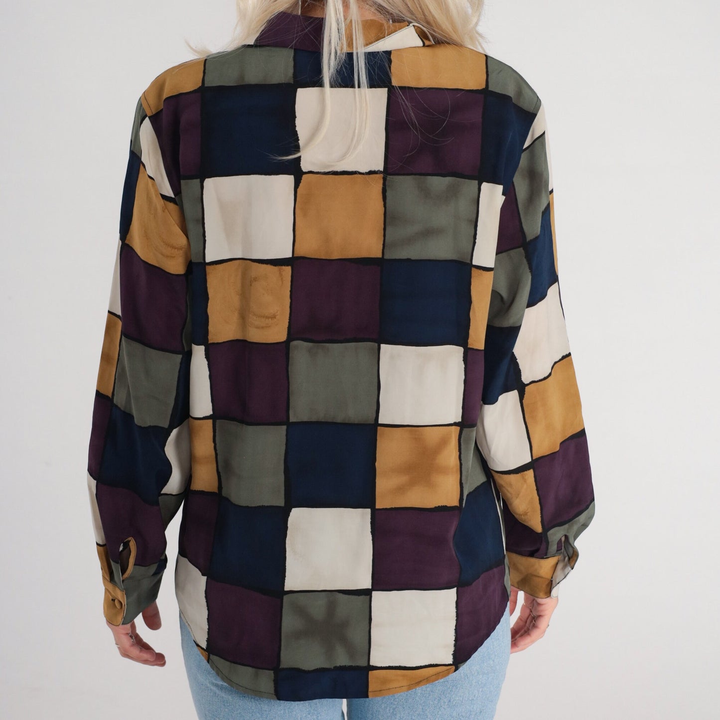 90s Checkered Button Up Blouse Multicolor Checkerboard Print Long Sleeve Medium