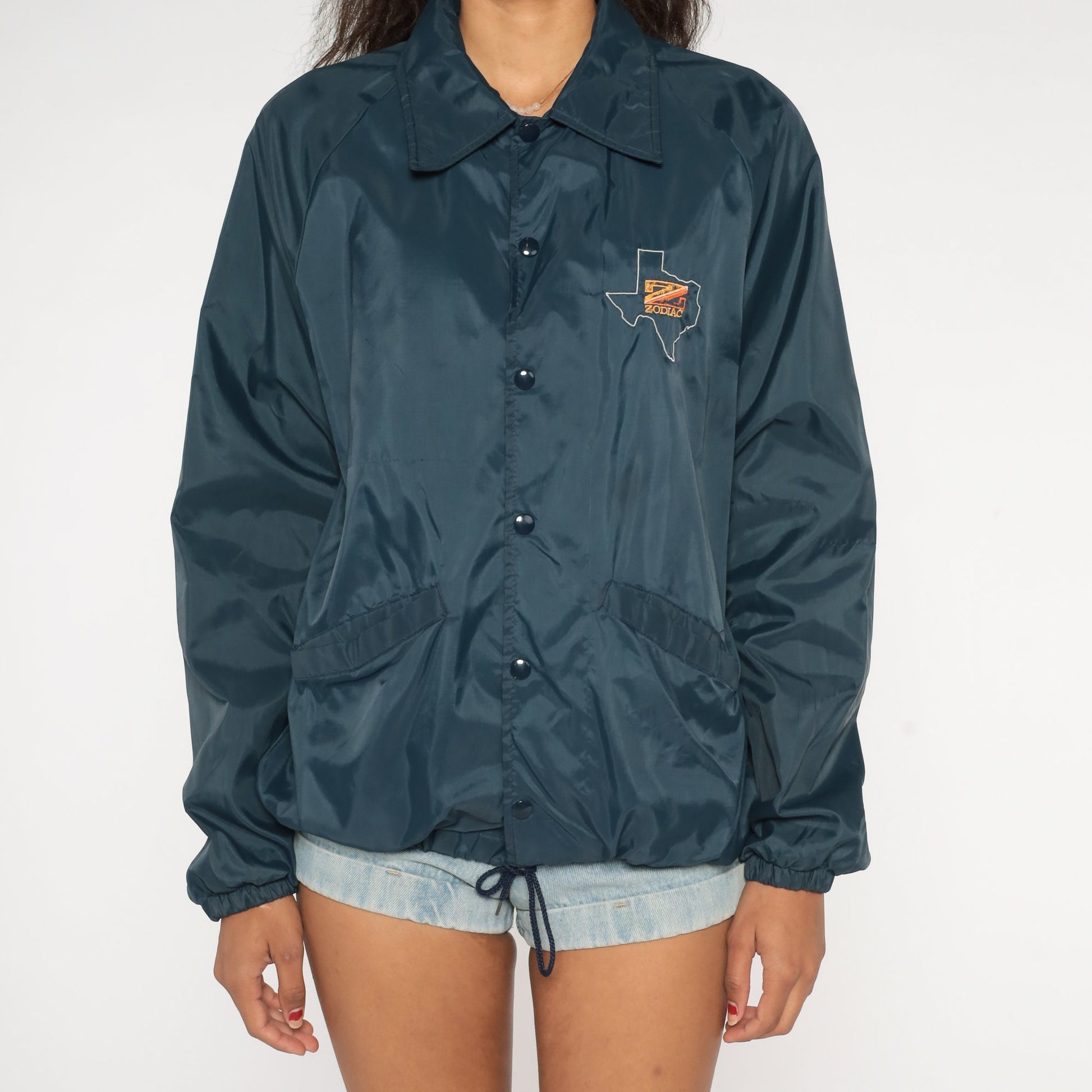 80s Zodiac Texas Map Windbreaker Navy Nylon Snap Jacket Medium