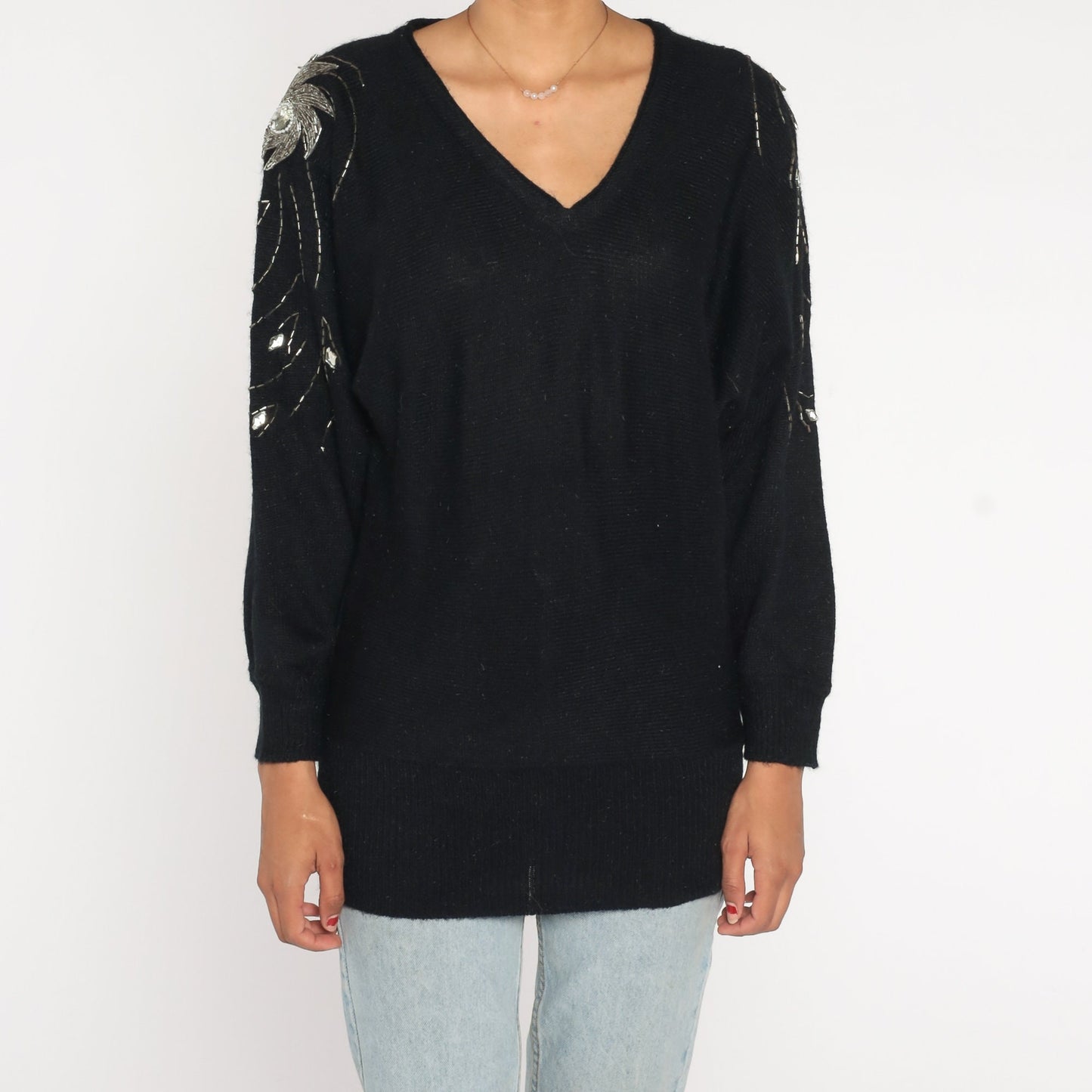 80s Black Knit Sweater Silver Beaded Swirl Dolman Sleeve Pullover Medium