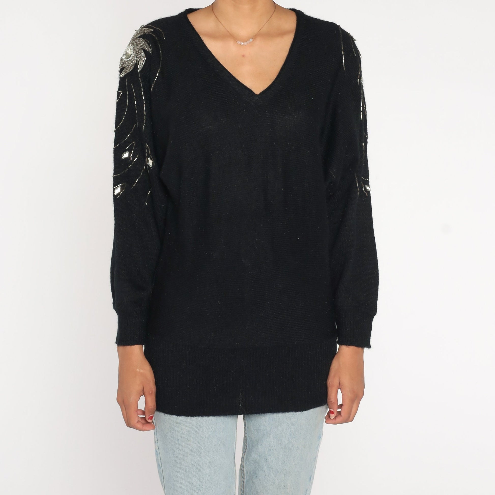 80s Black Knit Sweater Silver Beaded Swirl Dolman Sleeve Pullover Medium