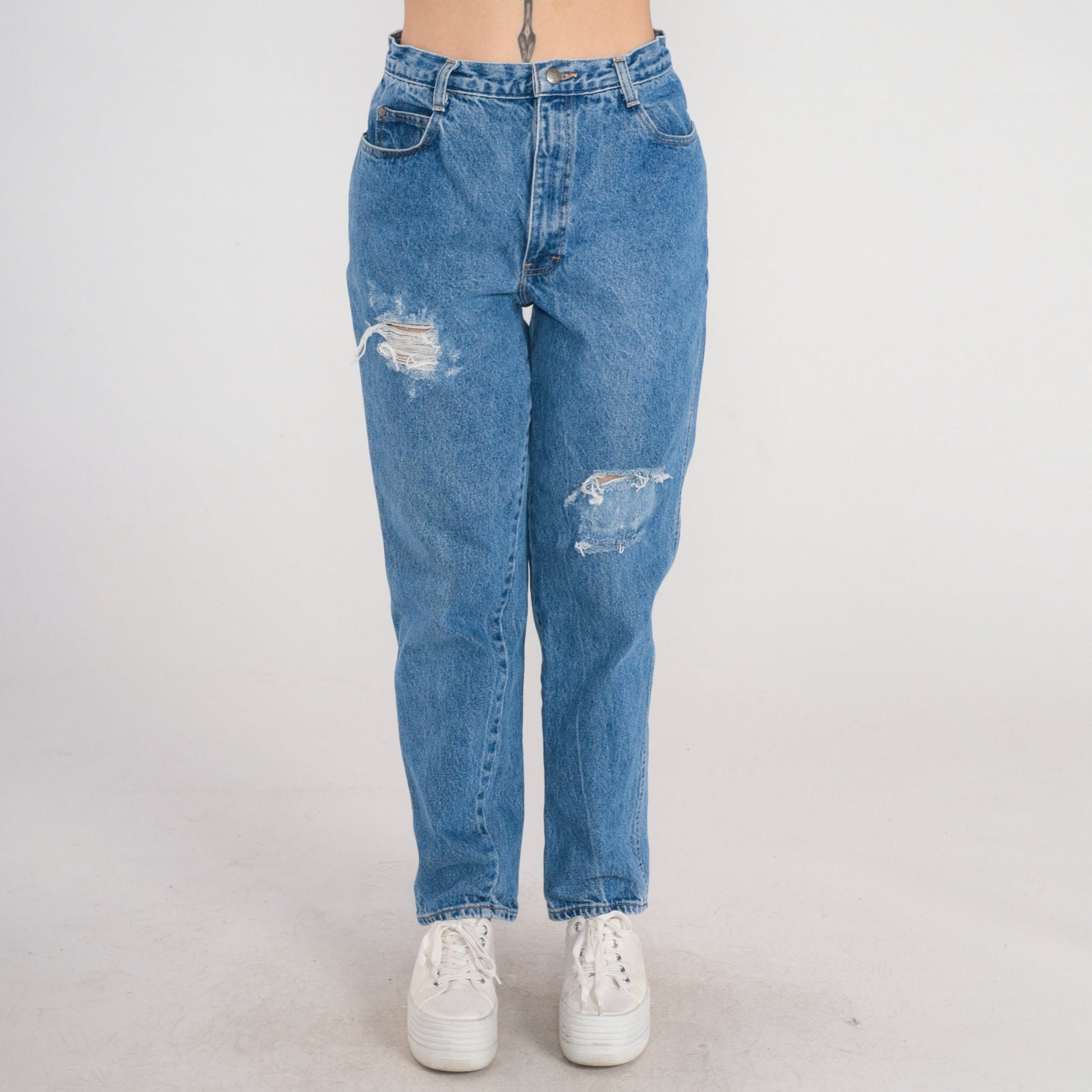 90s Gitano High-Waisted Tapered Mom Jeans Blue Denim Ripped Medium