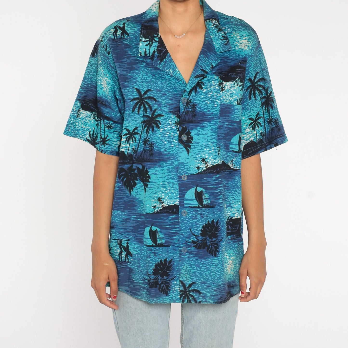 80s Tropical Surfer Shirt Blue Cotton Button Up Palm Tree Graphic Extra Large