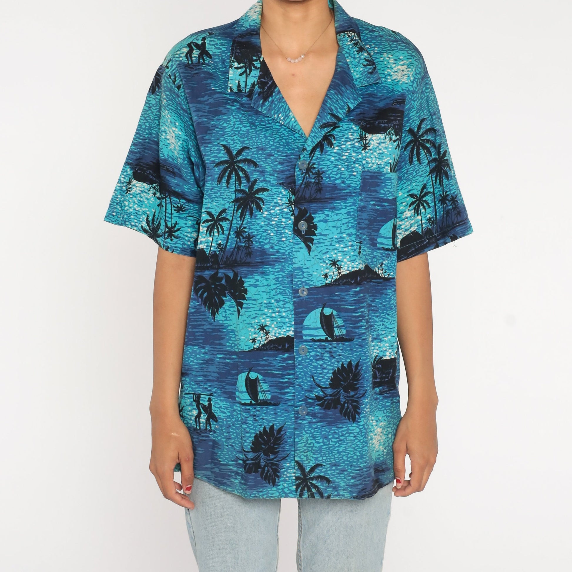80s Tropical Surfer Shirt Blue Cotton Button Up Palm Tree Graphic Extra Large