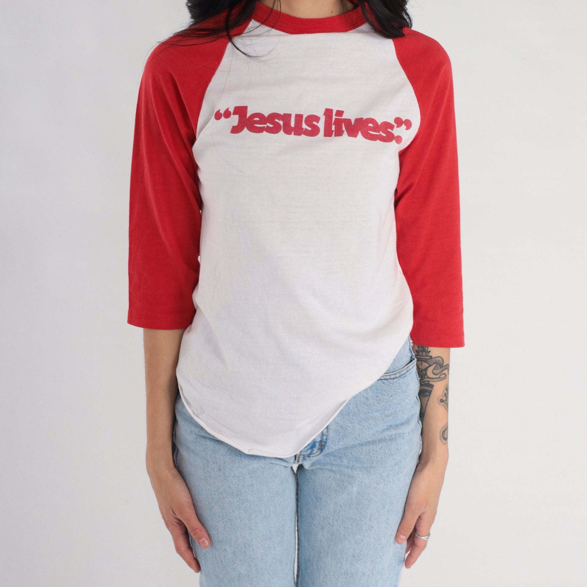 80s Jesus Lives Ringer Tee Raglan Sleeve White Red Graphic Small