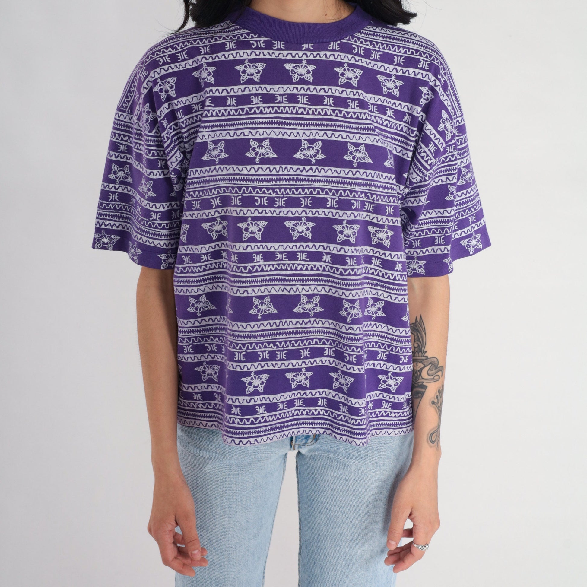 90s Pro Spirit Purple Striped Floral T-Shirt Geometric Print Petite Large
