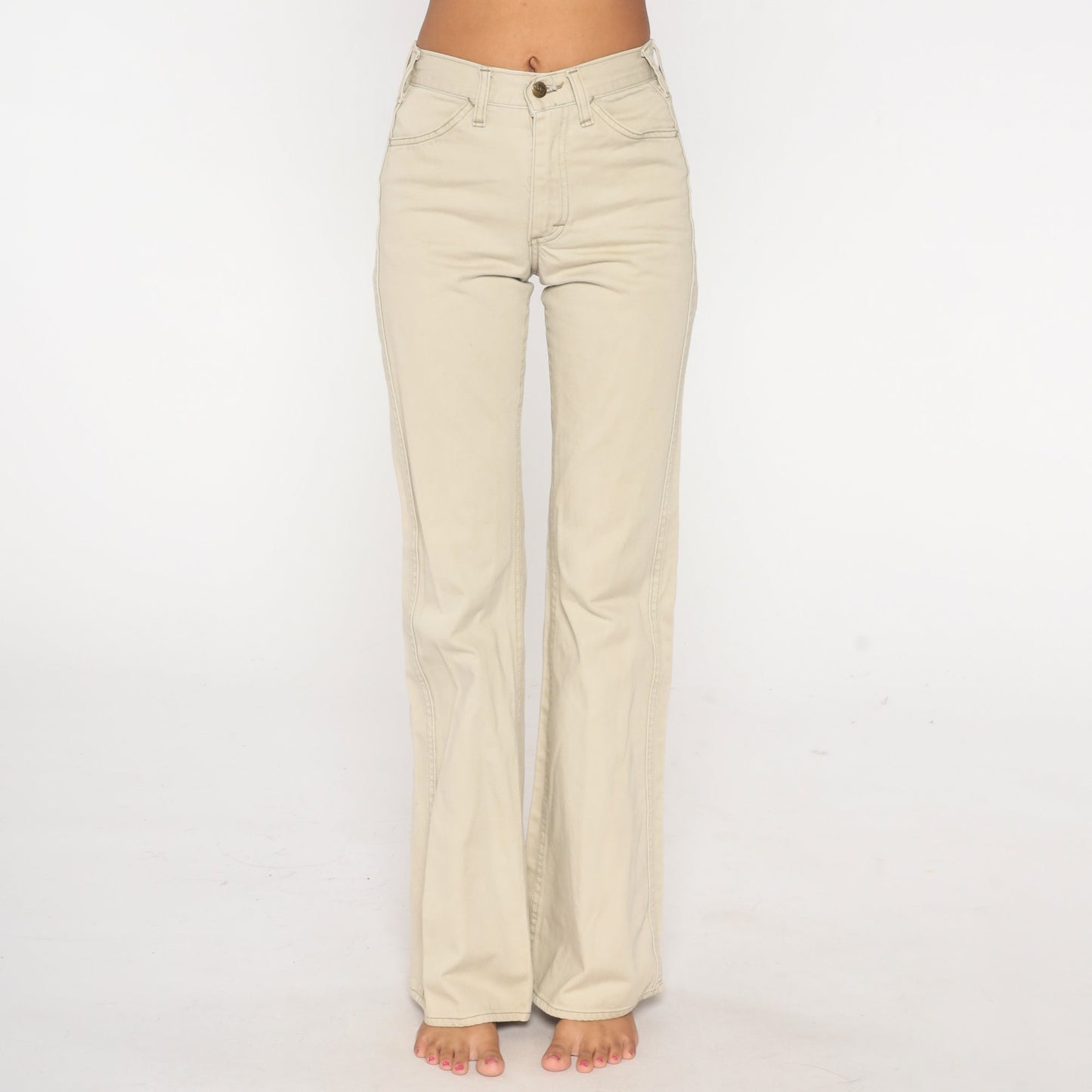 70s Lee Bell Bottom Trousers Beige Mid Rise Flared Pants Extra Small