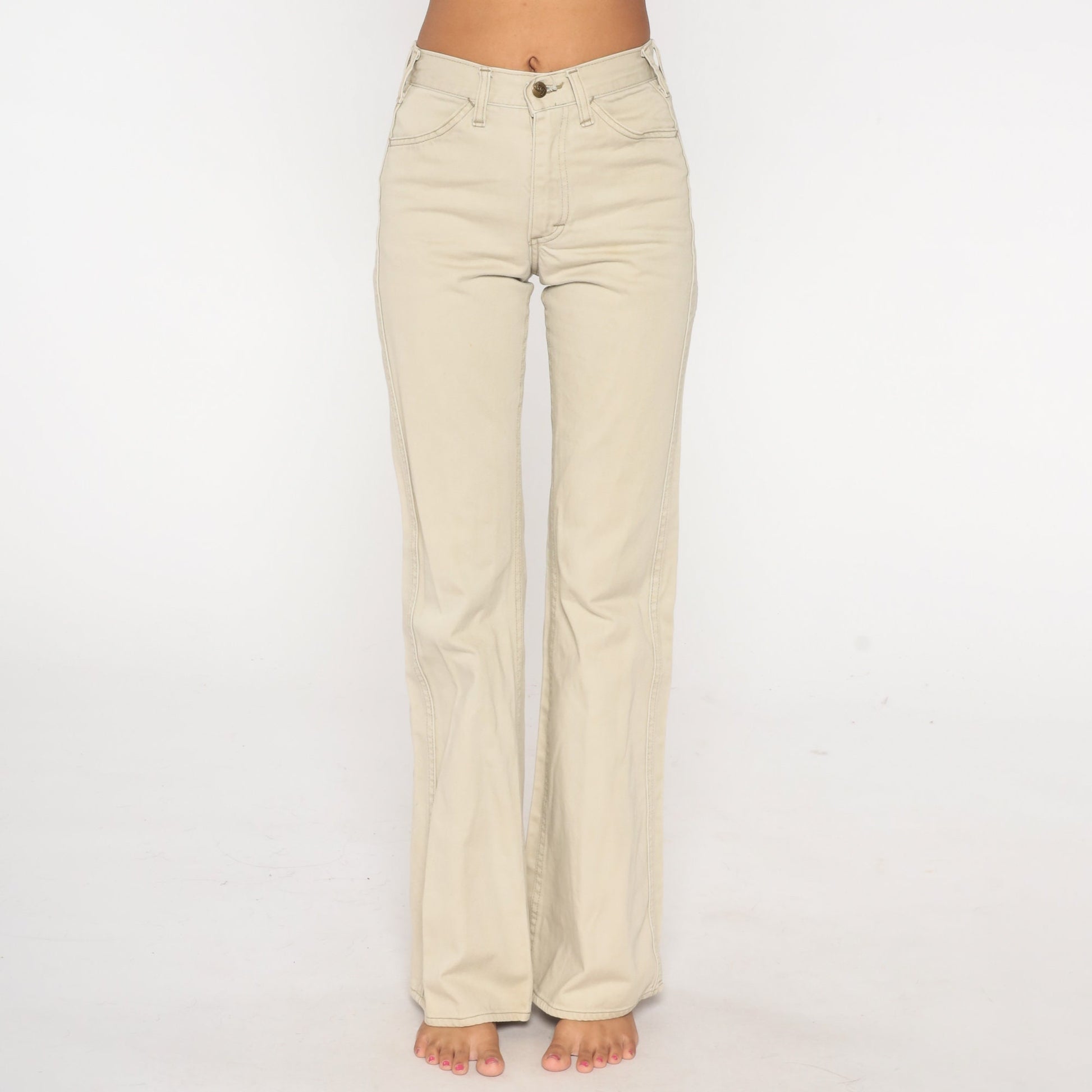 70s Lee Bell Bottom Trousers Beige Mid Rise Flared Pants Extra Small