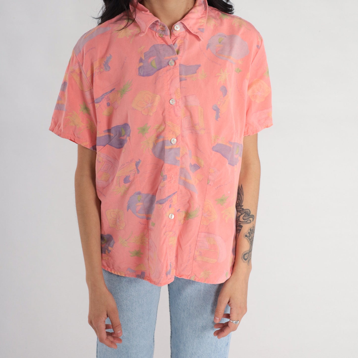 Y2K Fresh Produce Tropical Floral Pink Button-Up Shirt Short Sleeve Large L