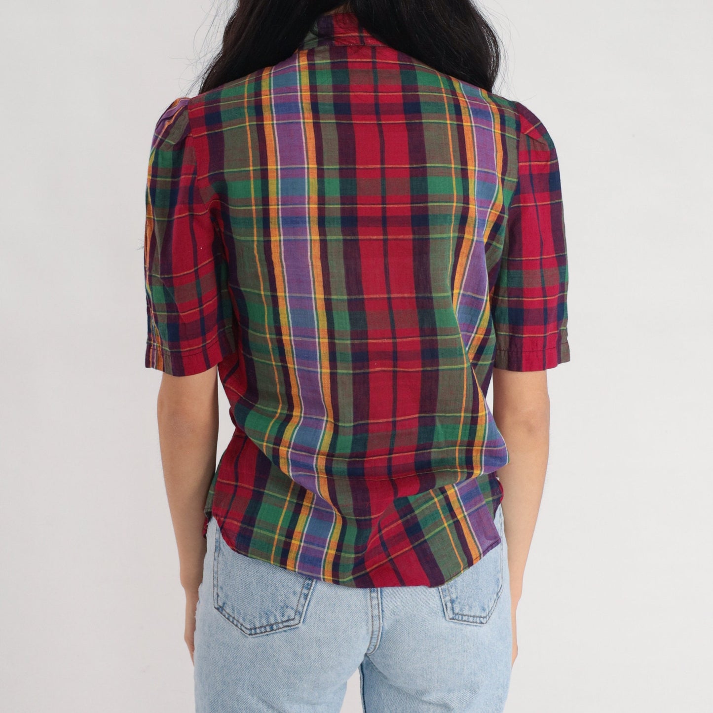 80s The Villager Checkered Blouse Puff Sleeve Button Up Red Green Purple Extra Small XS