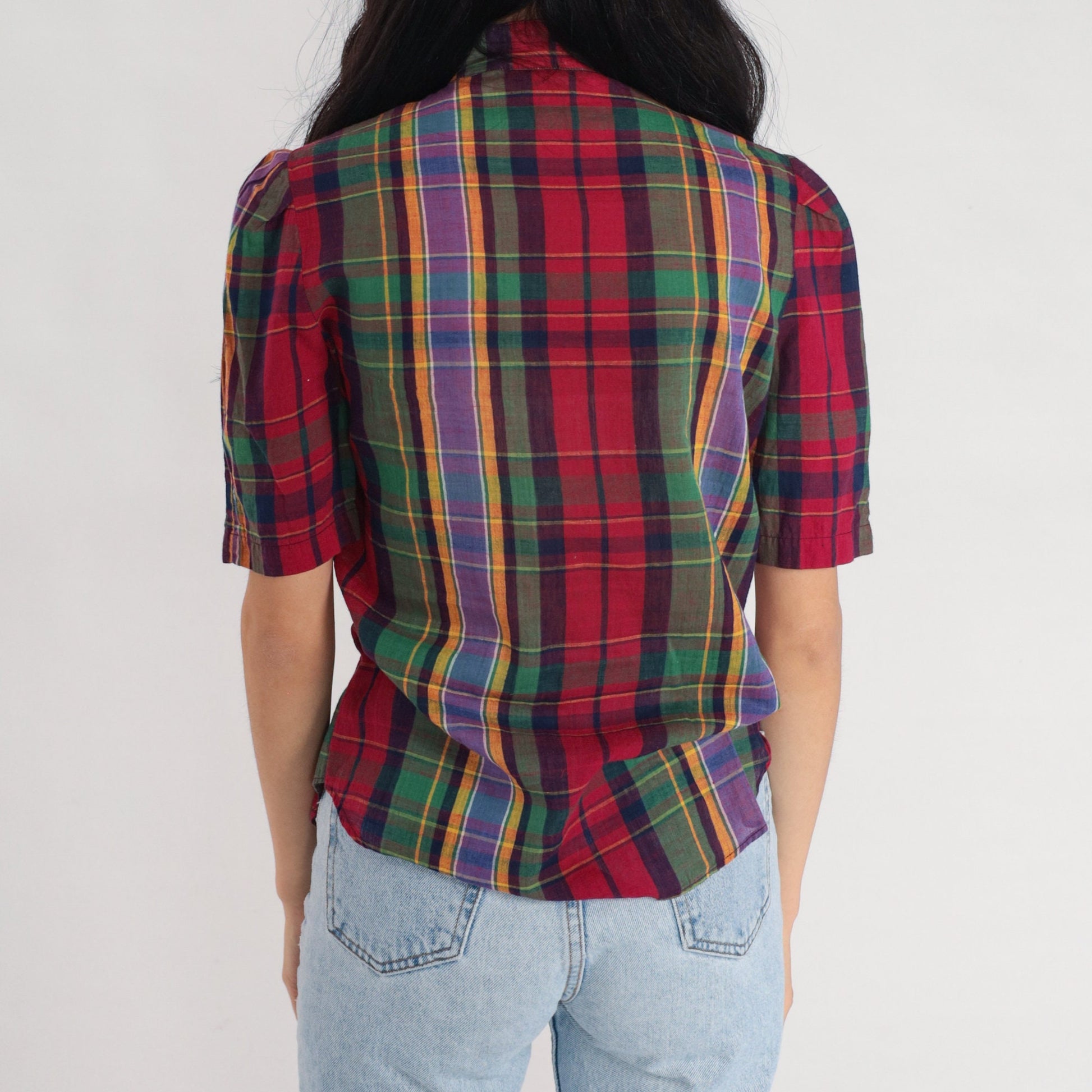80s The Villager Checkered Blouse Puff Sleeve Button Up Red Green Purple Extra Small XS