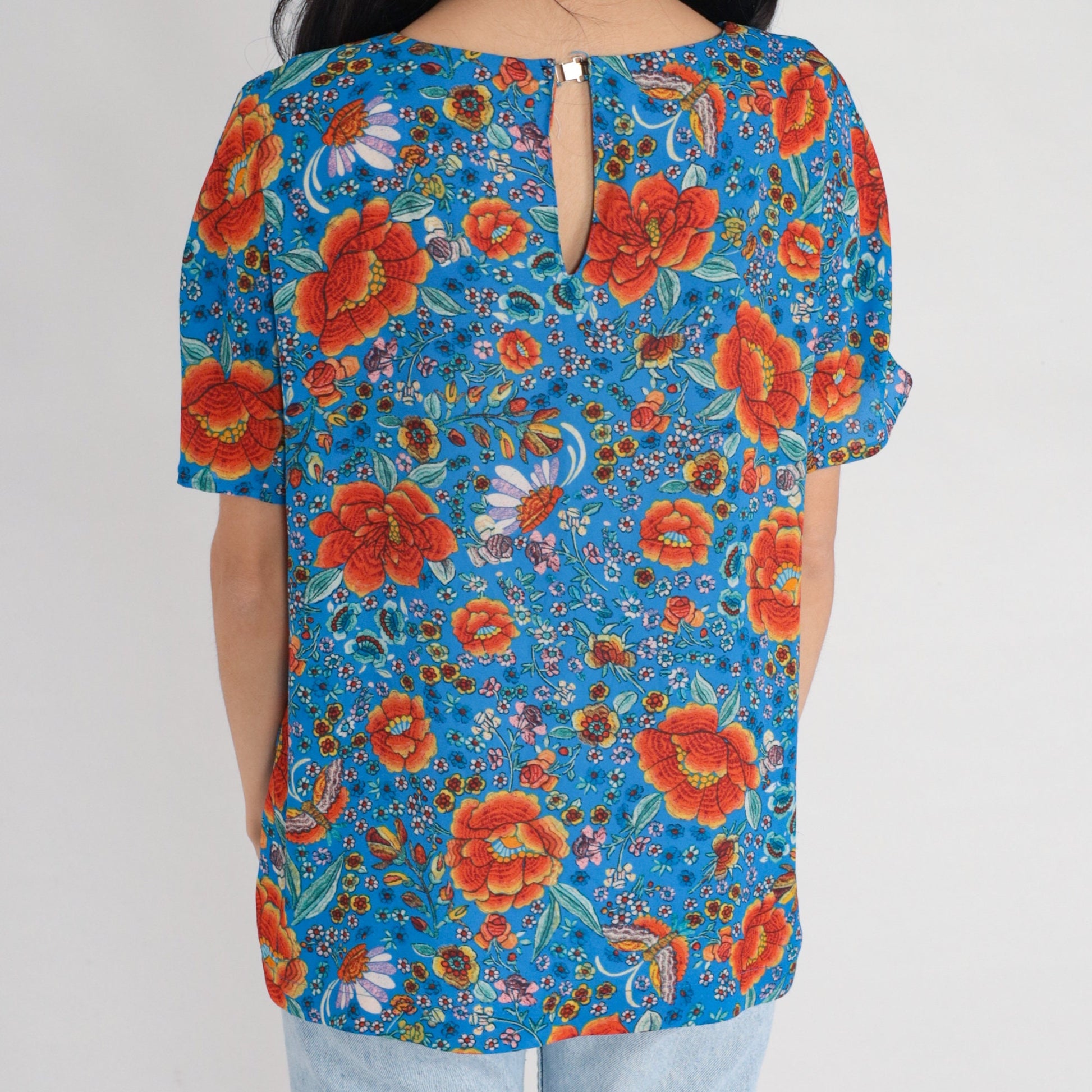 Y2K Blue Orange Floral Blouse Short Sleeve Keyhole Clasp Top Medium