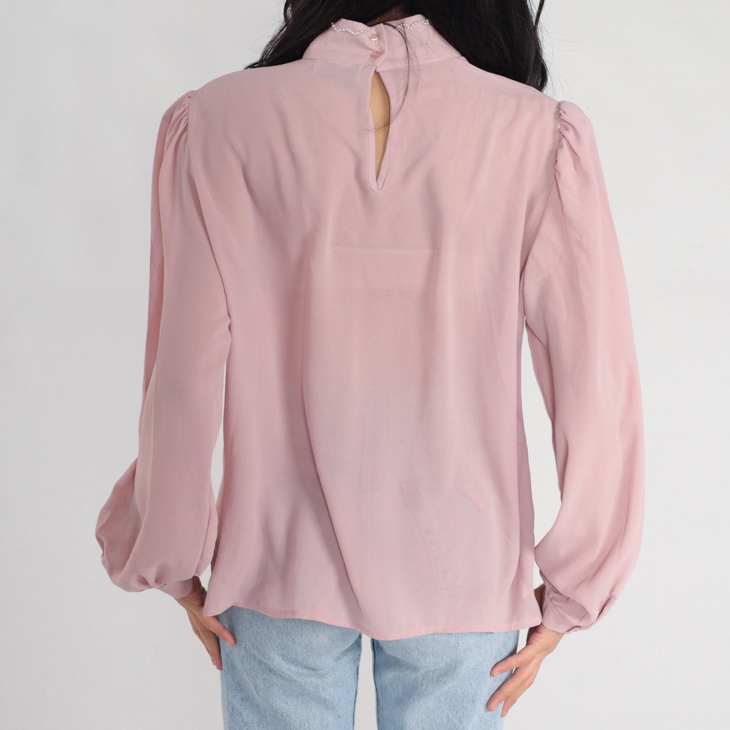 80s Pink Chiffon Blouse Puff Sleeve Beaded Pleated Mock Neck Large L