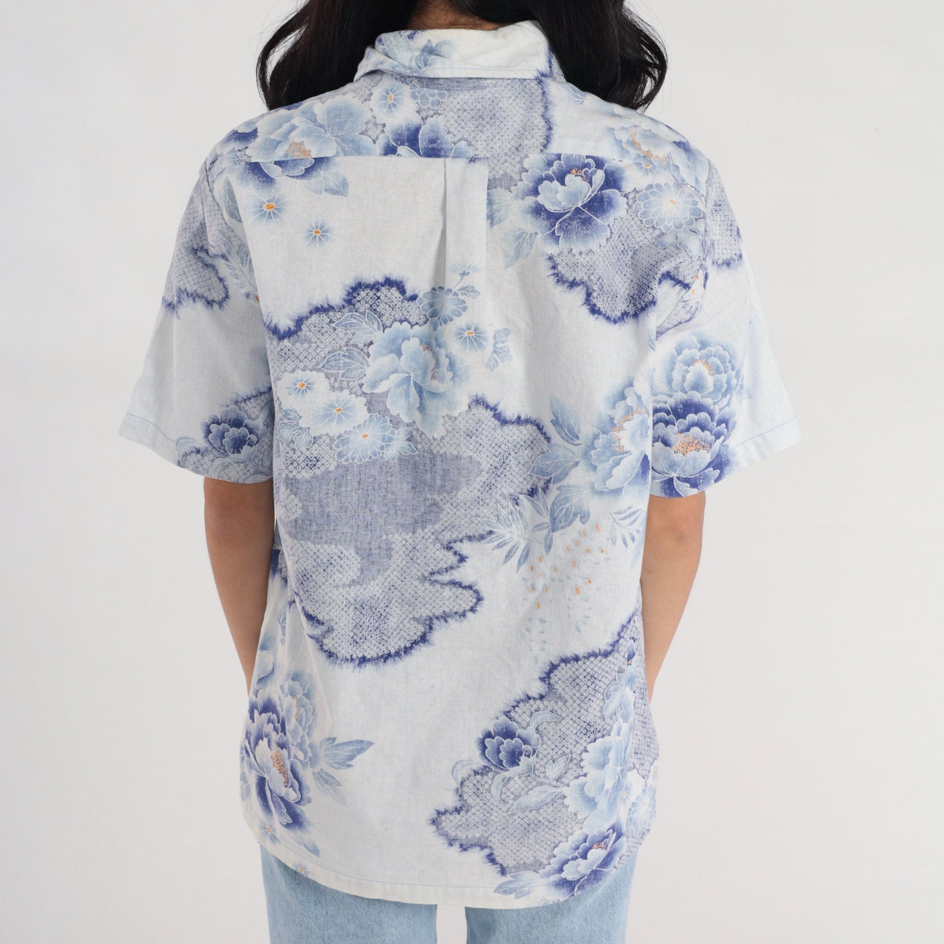70s Surfline Hawaii Floral Shirt Men's Blue Lotus Print Polo Medium