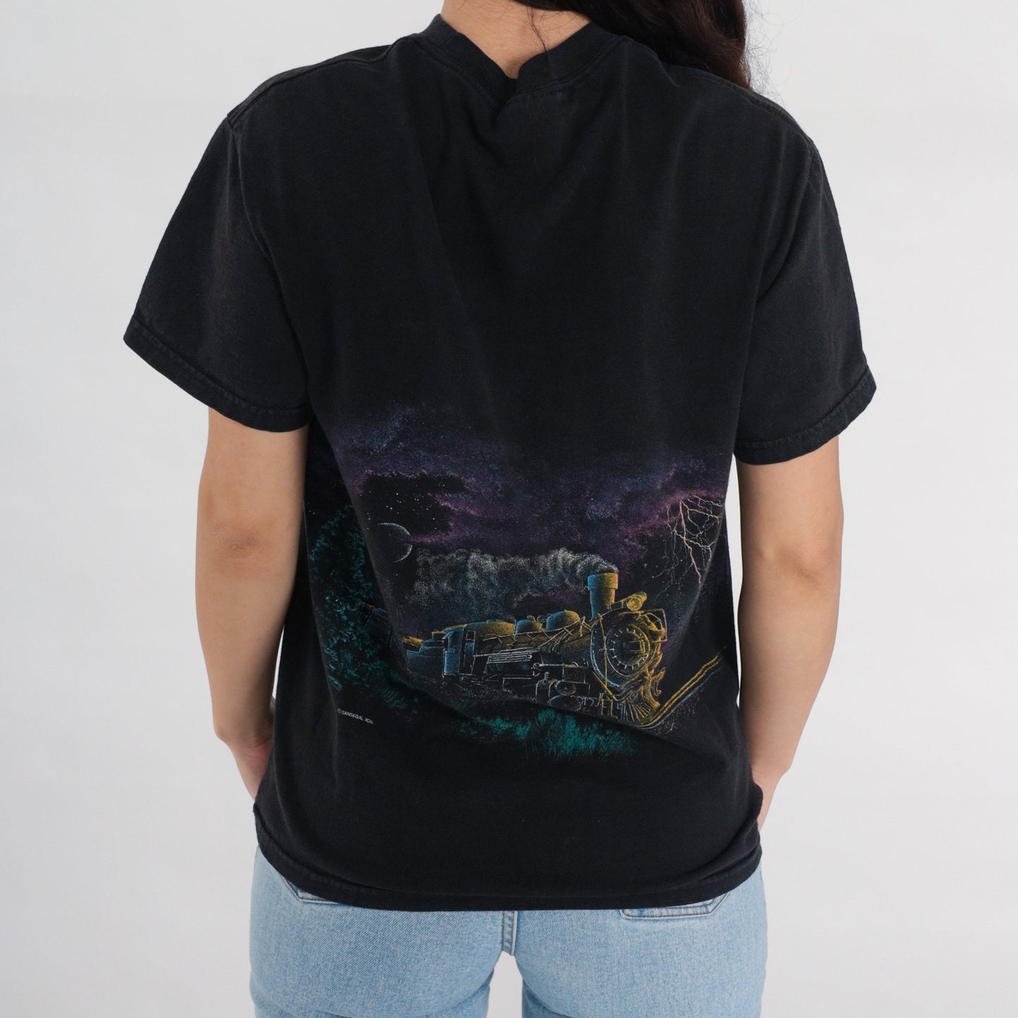 90s Train Shirt Old Sacramento Night Sky Full Moon Graphic Tee Black Medium