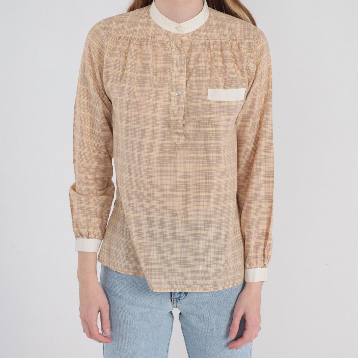 70s Plaid Half-Button Blouse Long Sleeve Checkered Shirt Tan White Small