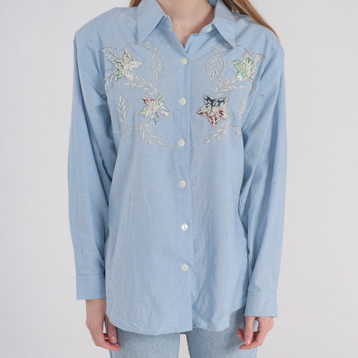 90s Bobbie Brooks Light Blue Pearl Beaded Floral Button-Up Blouse Medium