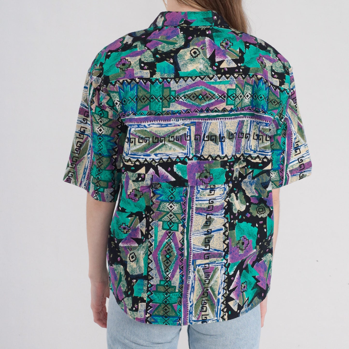 90s Southwestern Geometric Print Button-Up Blouse Black Purple Green Cotton Large