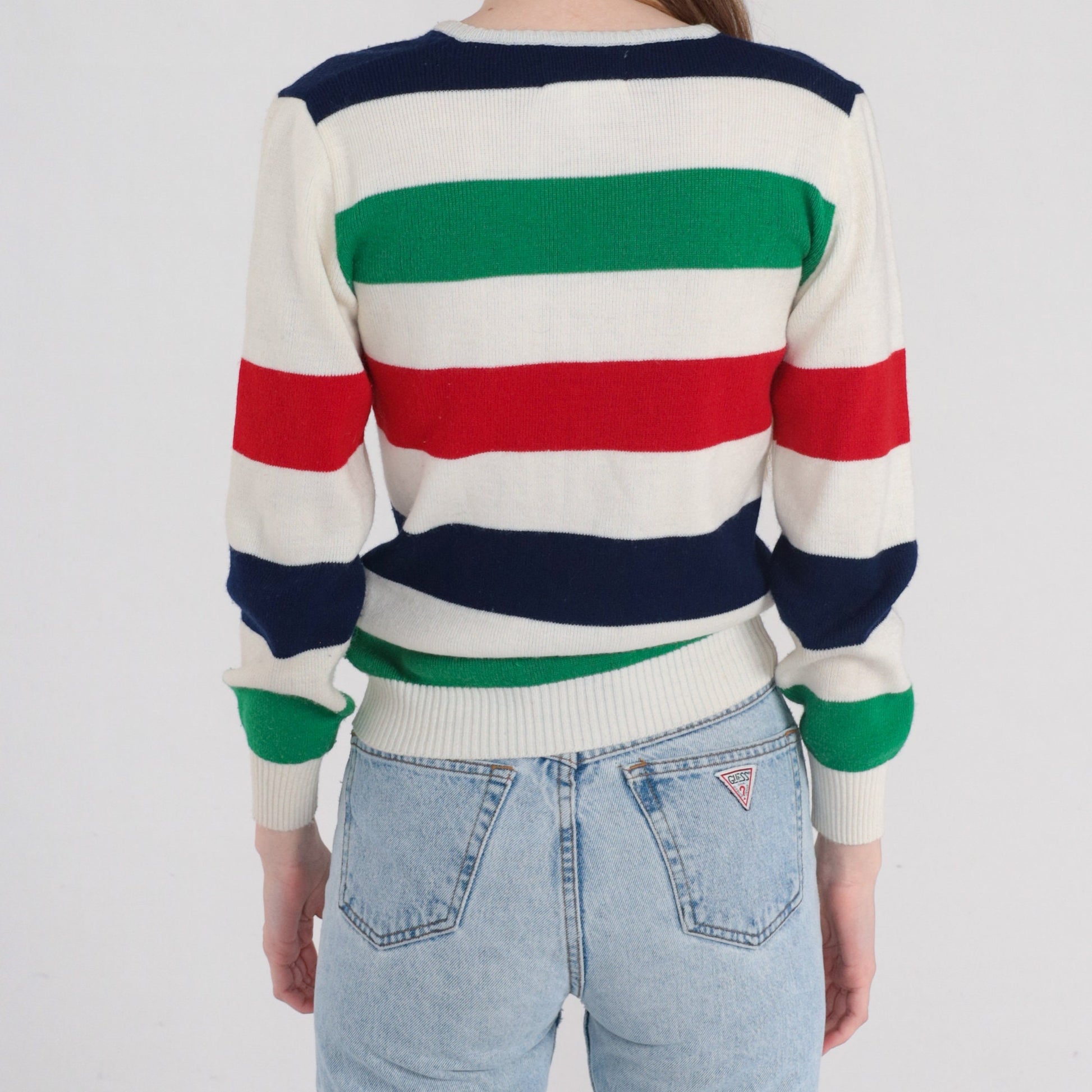 80s Striped V-Neck Sweater White Red Green Navy Pullover Small