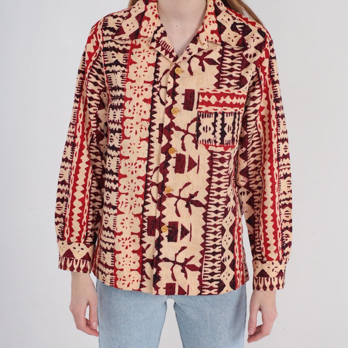 90s Batik Fish Stamp Print Button-Up Shirt Tan Red Long Sleeve Medium