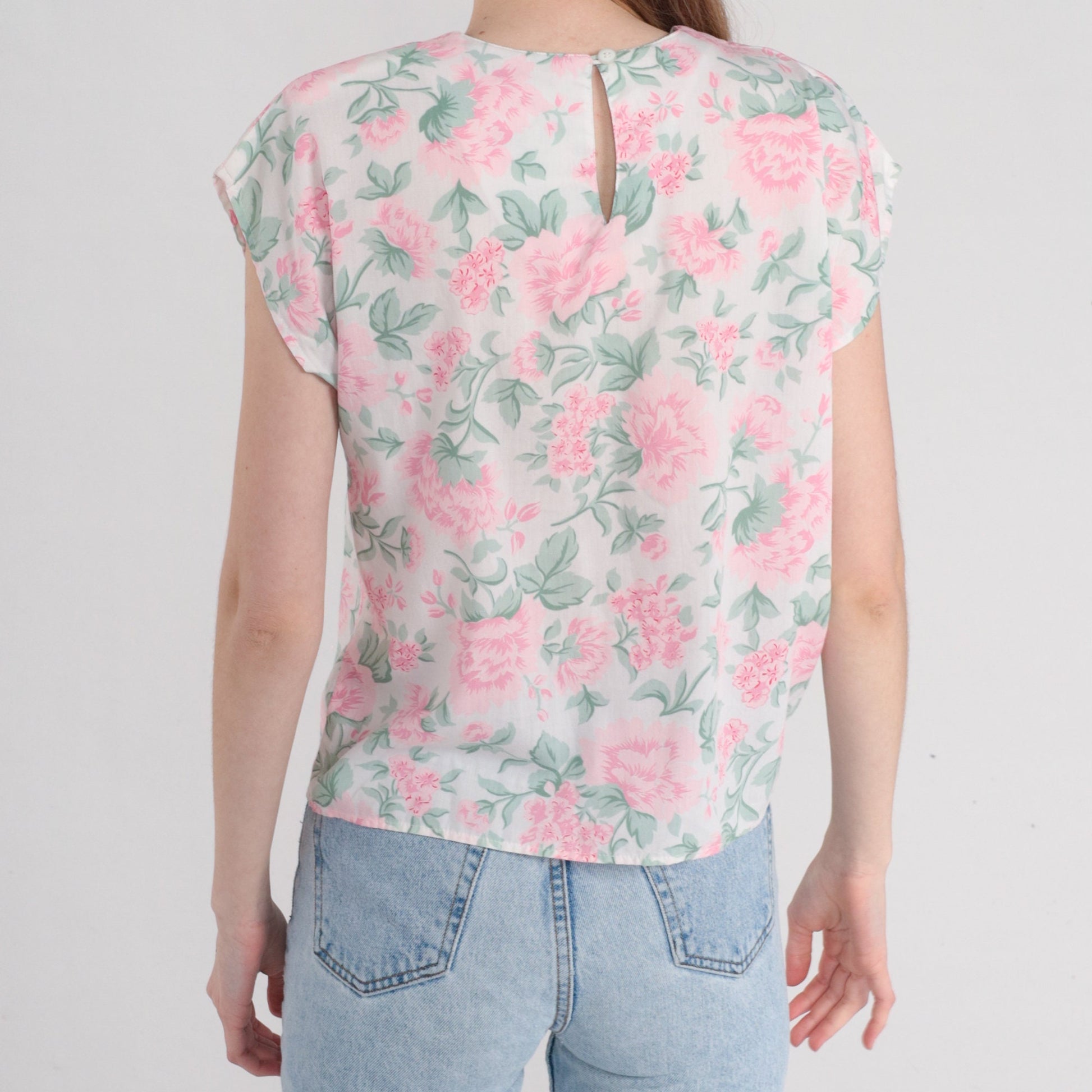 80s White Floral Blouse Cap Sleeve Peony Print Pink Green Medium
