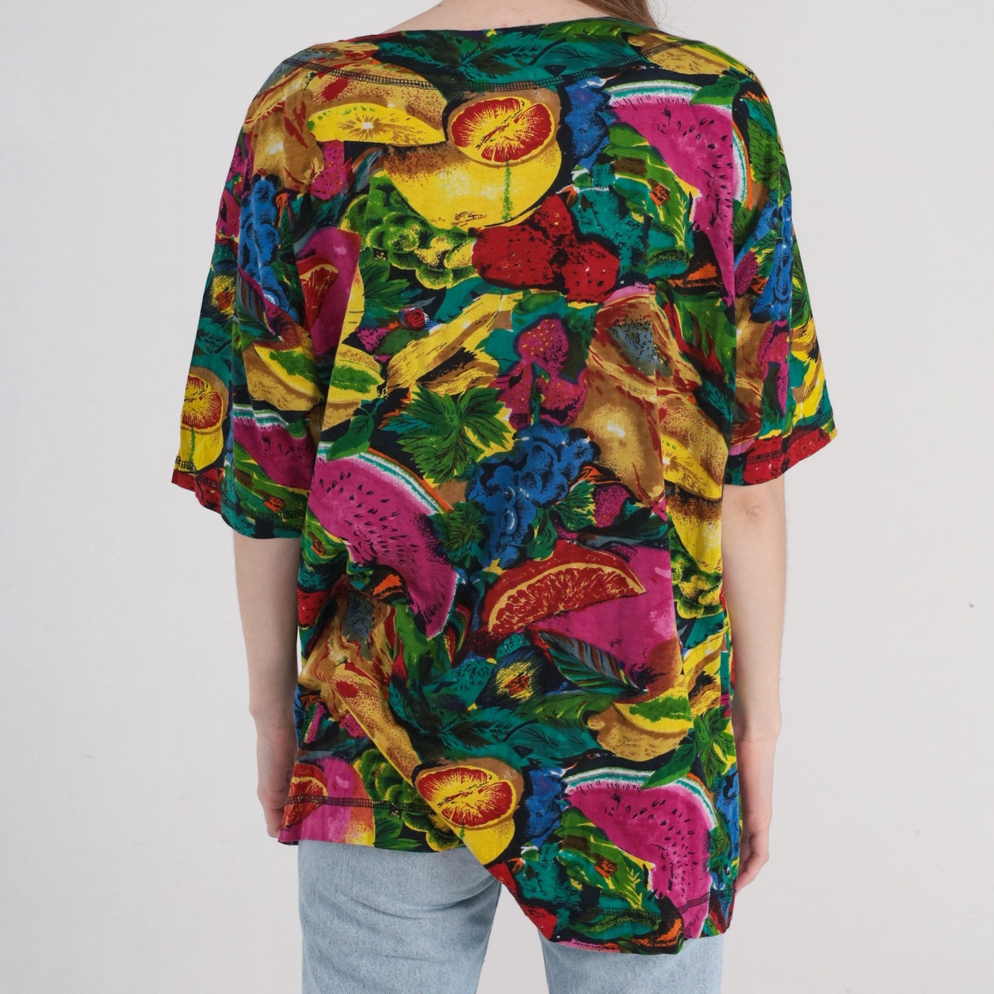 90s Fruit Print Cotton Tunic Blouse Watermelon Grape Colorful Short Sleeve Medium