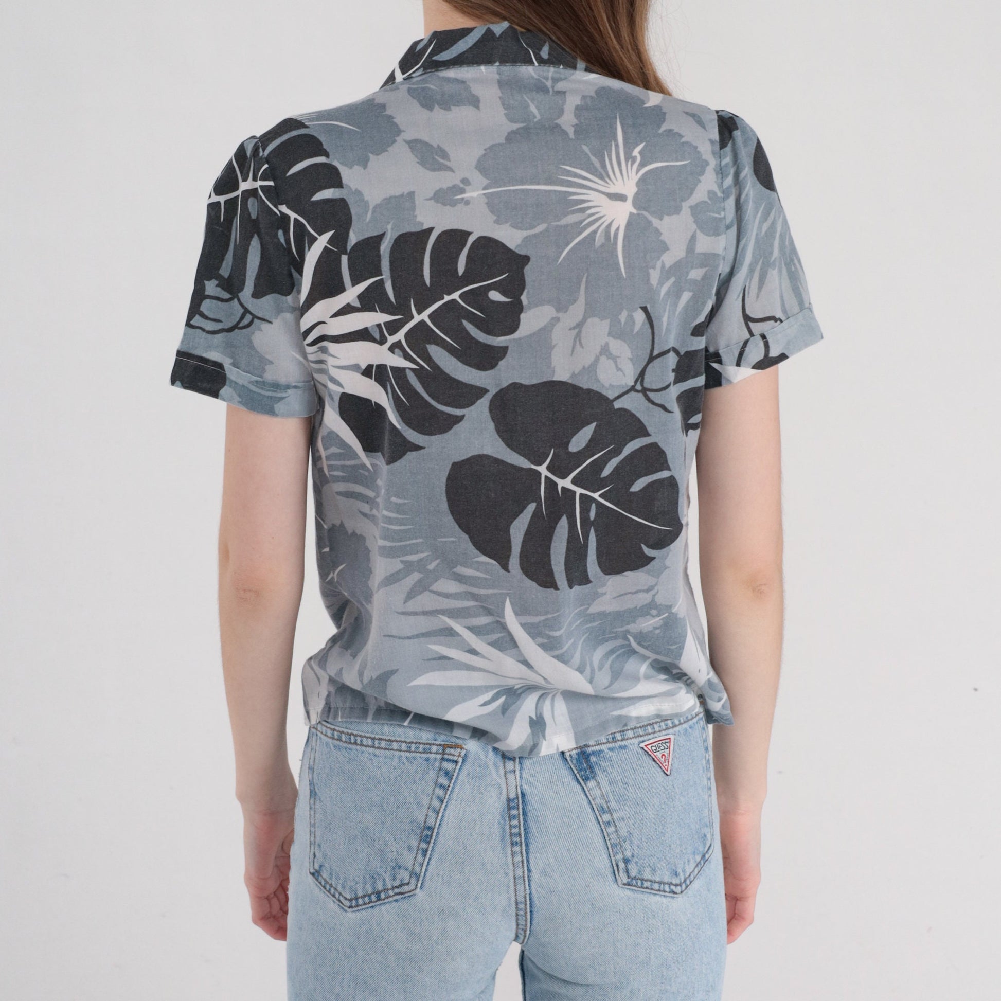 80s Grey Tropical Floral Blouse Puff Sleeve Button Up Small