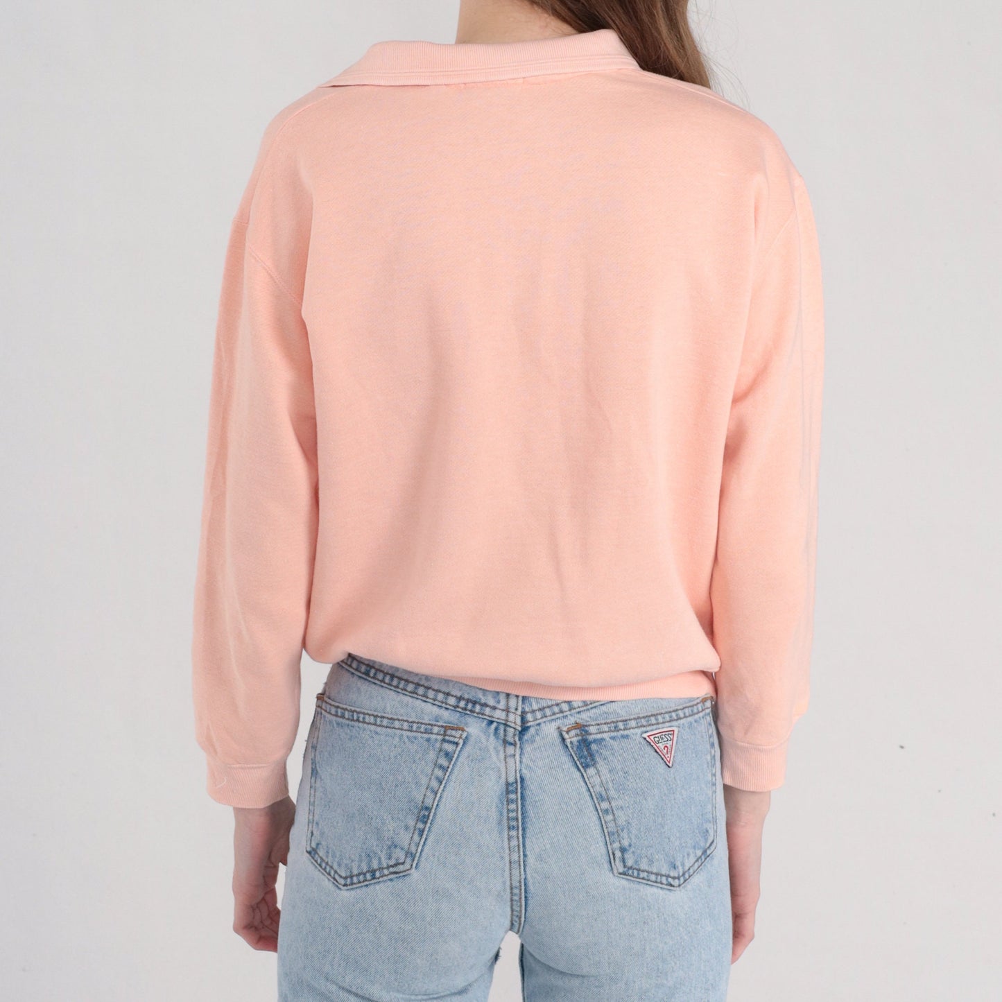 90s Polo Collared Sweatshirt Peachy Pink Embroidered Crest Medium