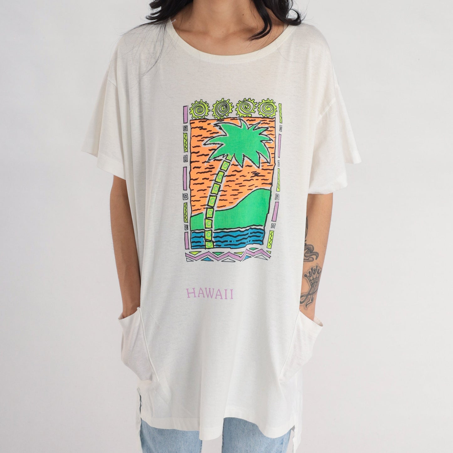 90s Hawaii Palm Tree Graphic T-Shirt Dress White Tropical Print Medium Large