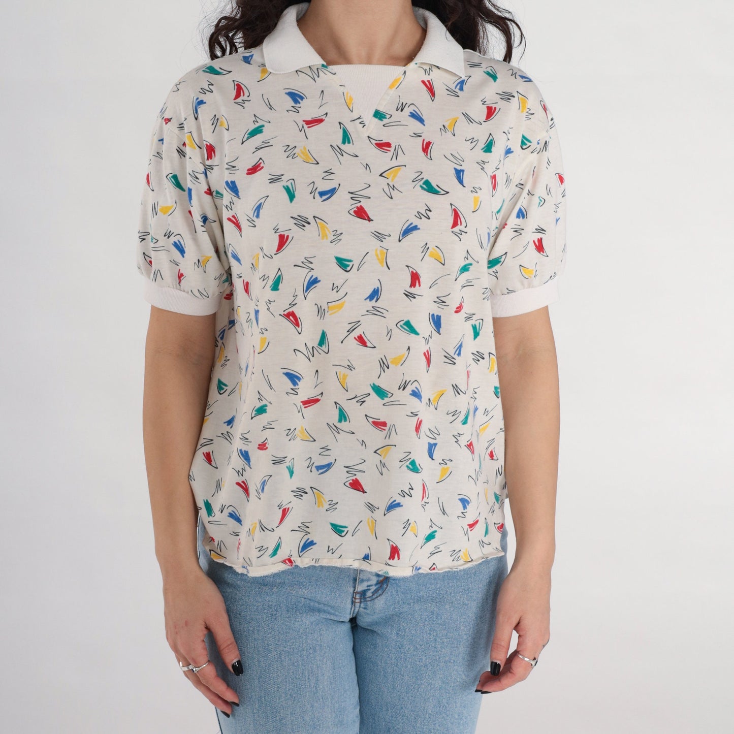 80s Squiggle Print Geometric Collared Shirt White Cotton Blend Large L