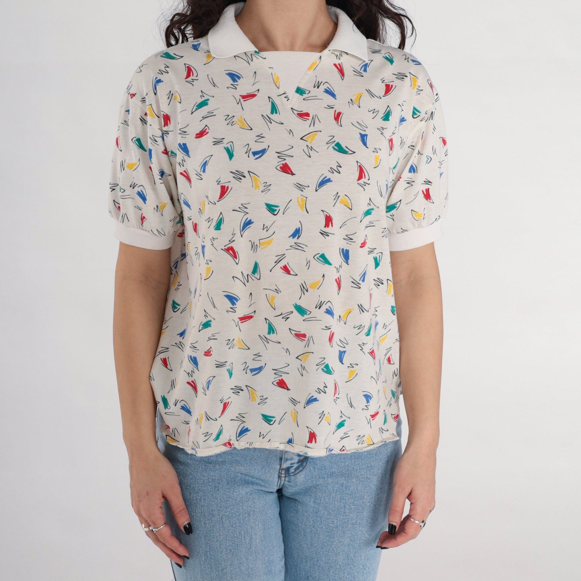 80s Squiggle Print Geometric Collared Shirt White Cotton Blend Large L
