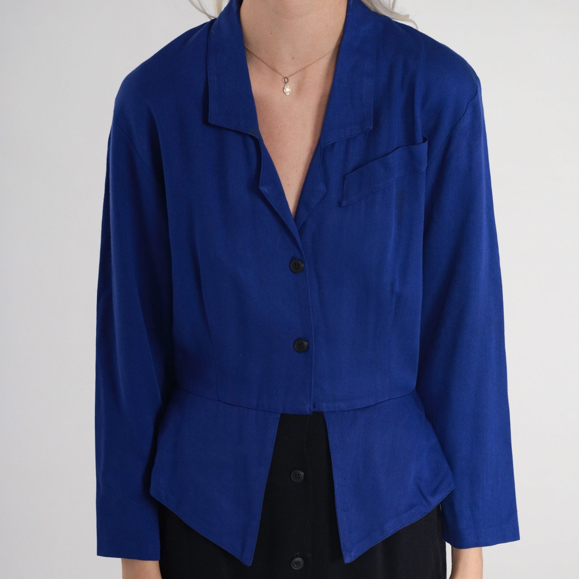 90s Carol Anderson Peplum Midi Dress Blue Black Button-Up Long Sleeve XS