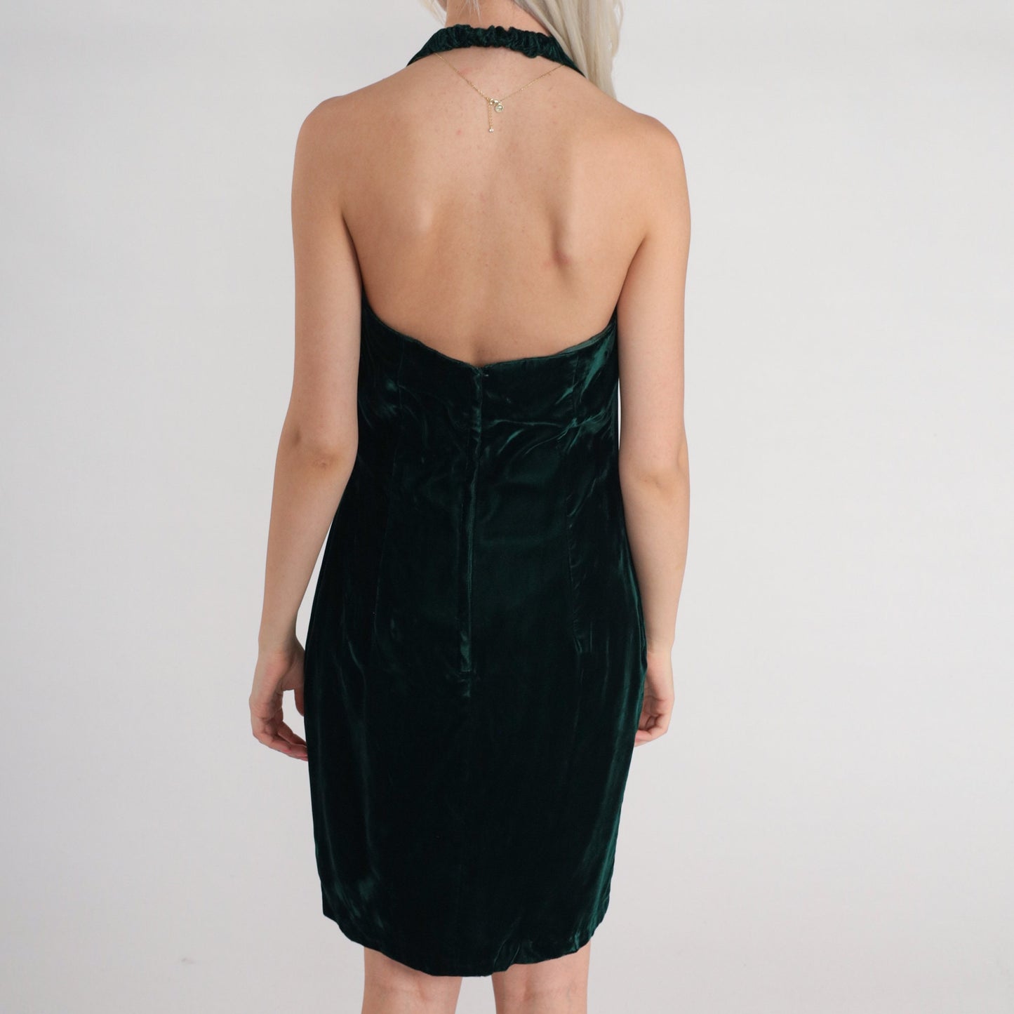 90s Dark Green Velvet Mini Dress Scalloped Halter Open Back Small
