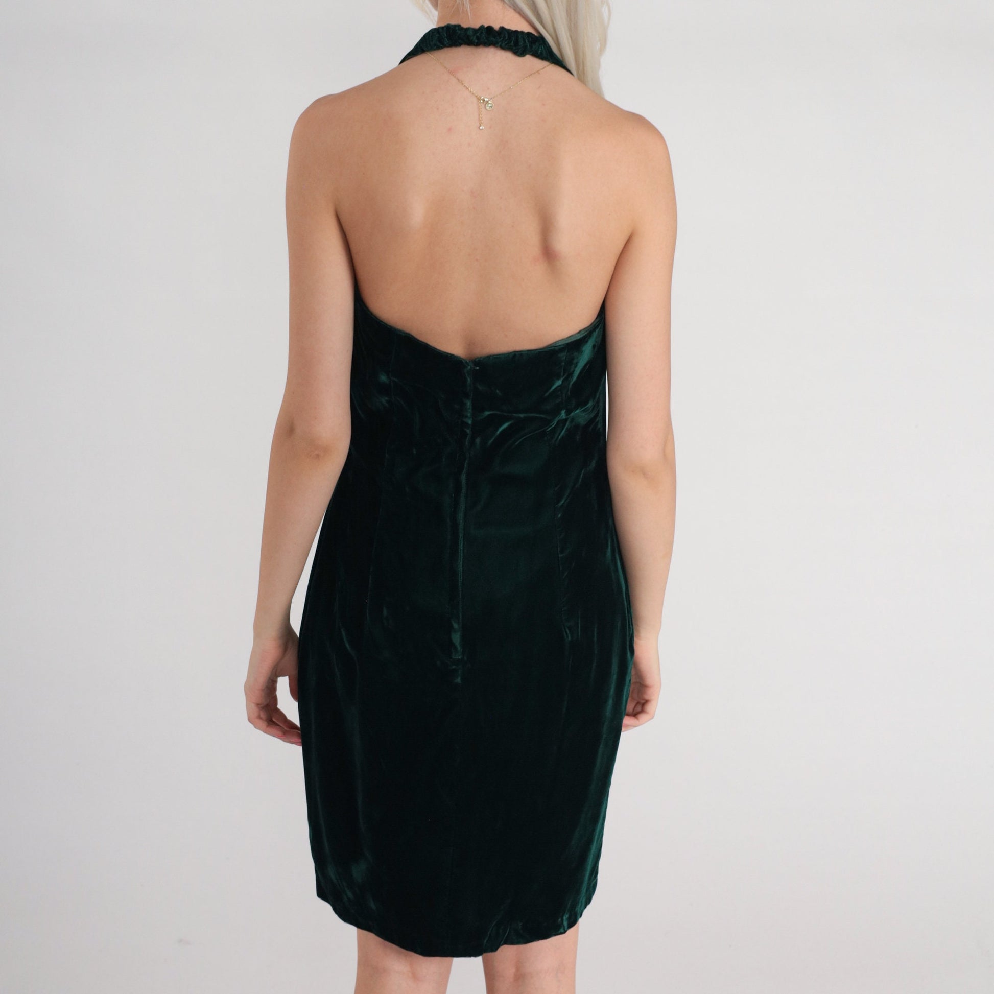 90s Dark Green Velvet Mini Dress Scalloped Halter Open Back Small