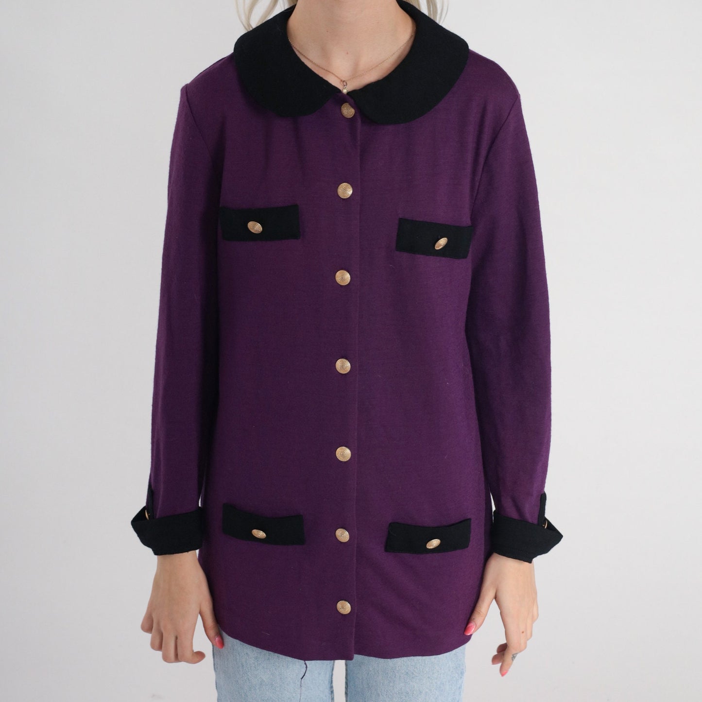 90s Talbots Purple Wool Blazer Black Trim Gold Buttons Medium M