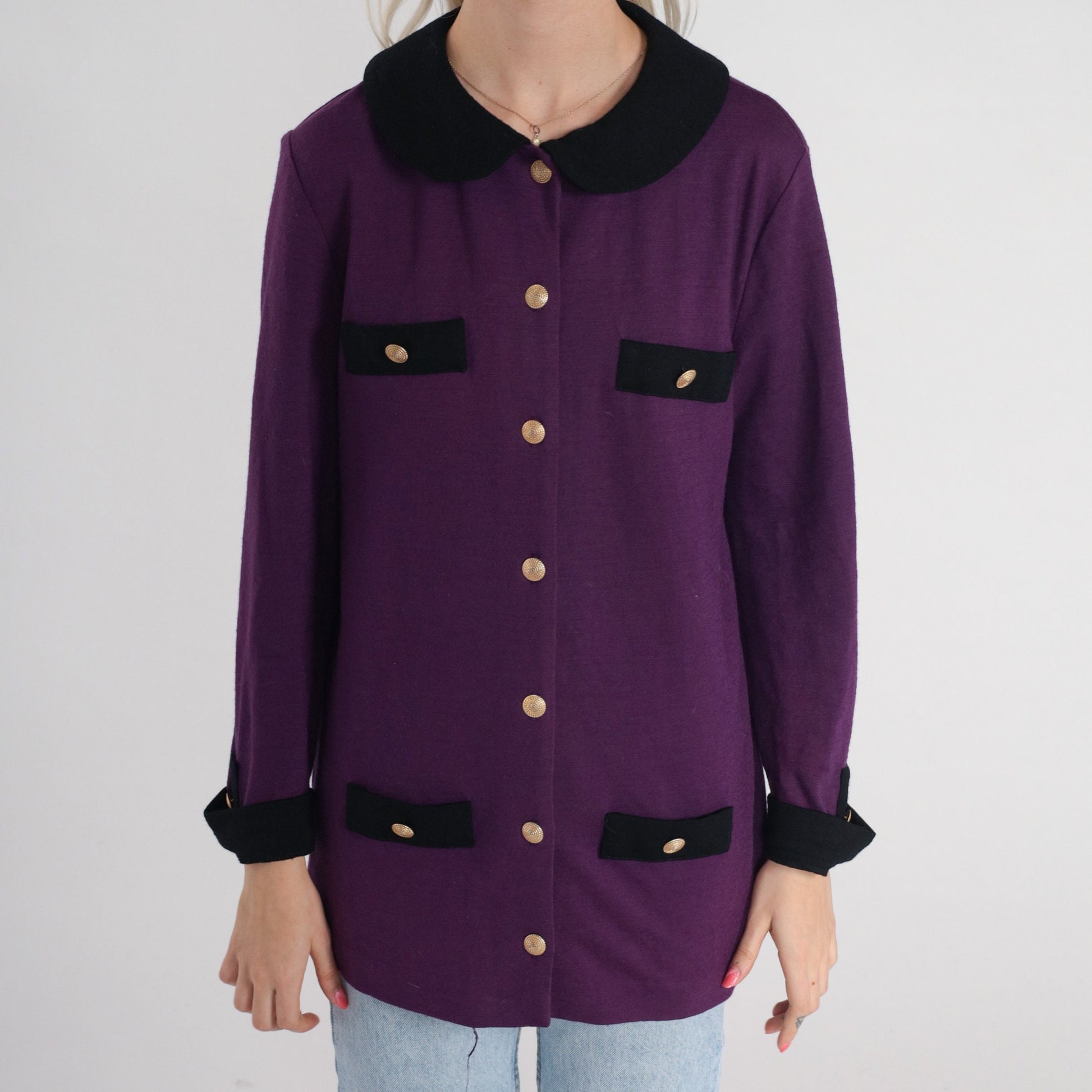 90s Talbots Purple Wool Blazer Black Trim Gold Buttons Medium M