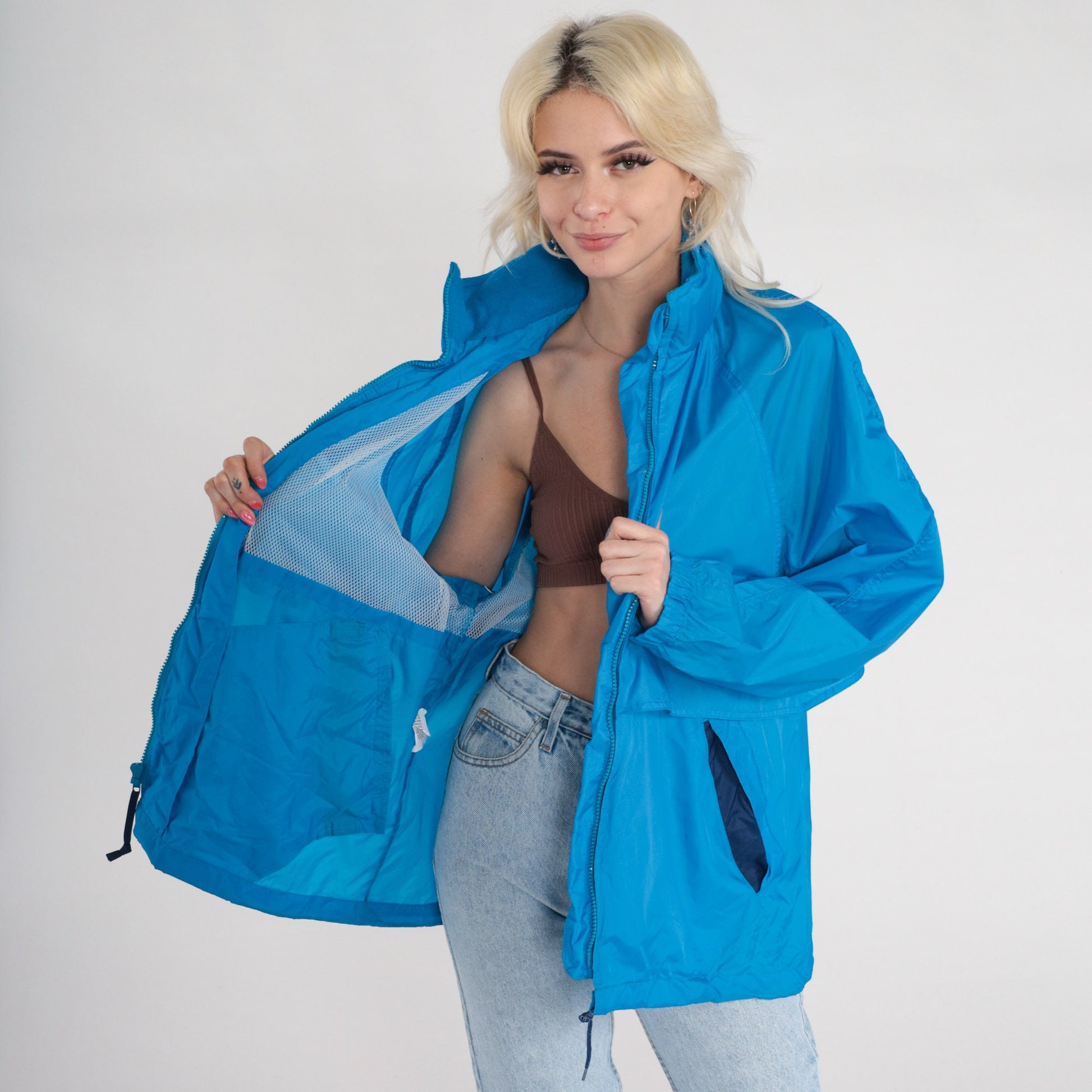 90s Eddie Bauer Blue Nylon Windbreaker Hidden Hood Zip Jacket Large
