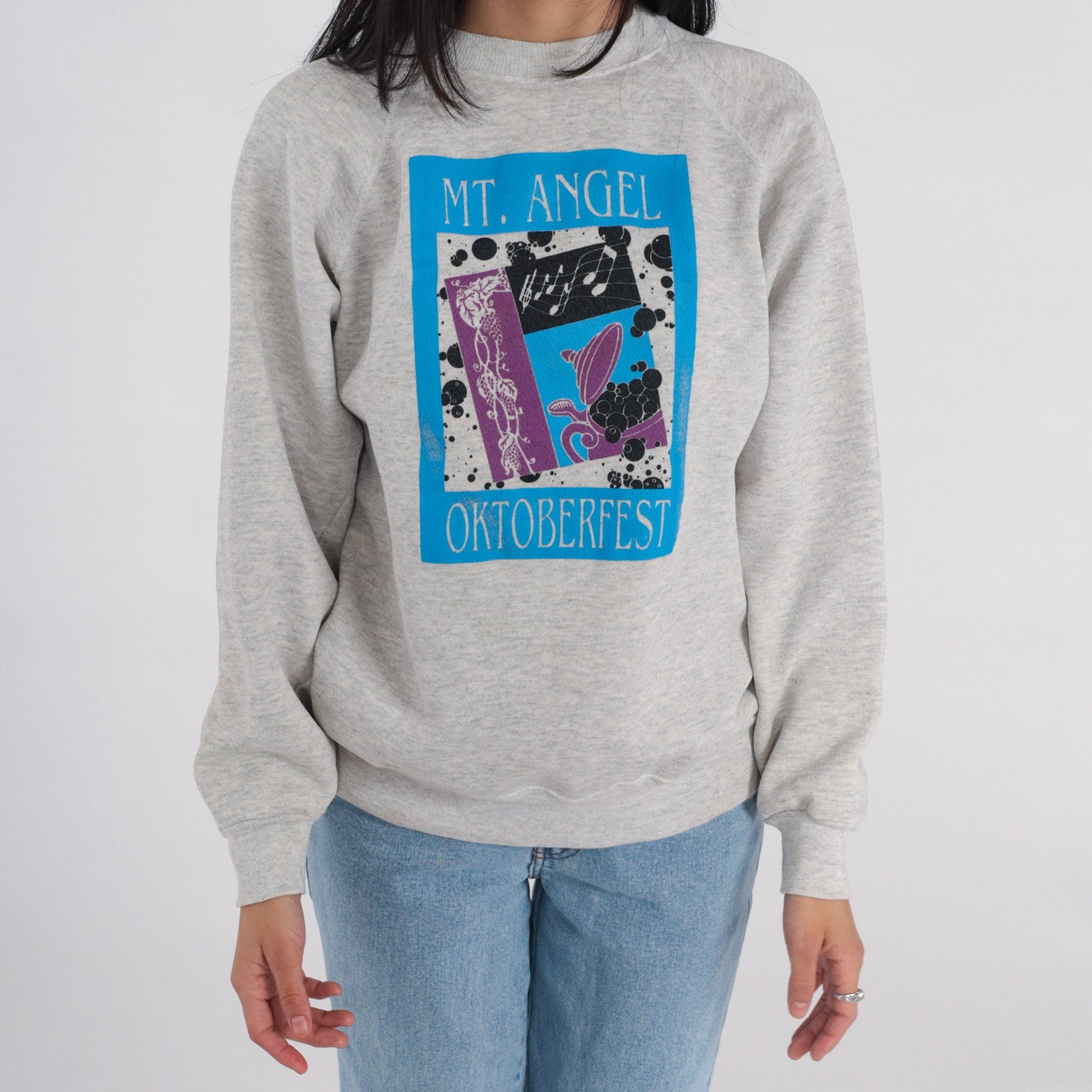 90s Mt. Angel Oktoberfest Oregon Raglan Sweatshirt Heather Grey Graphic Large