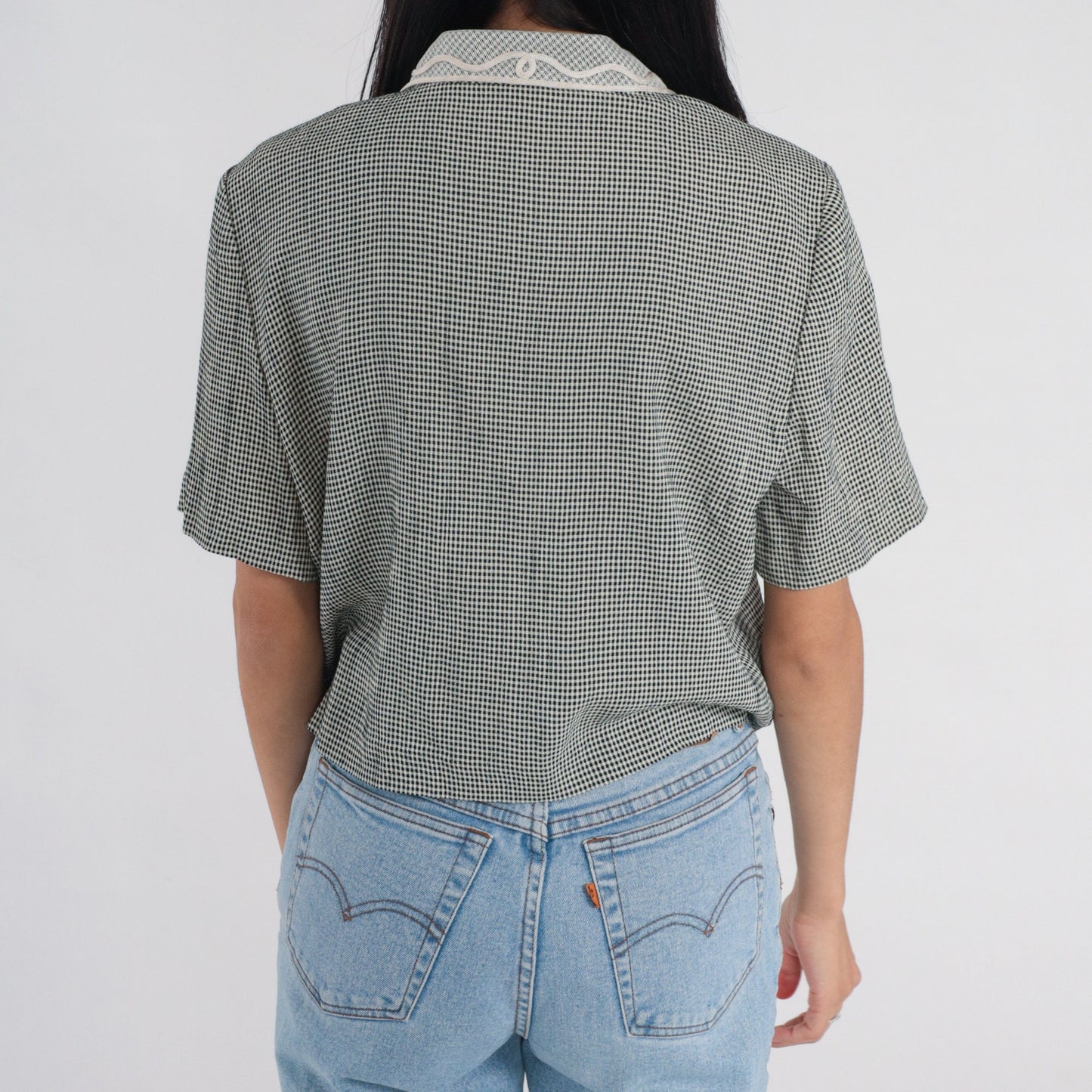 90s Black White Gingham Button-Up Blouse Soutache Collar Short Sleeve Medium M