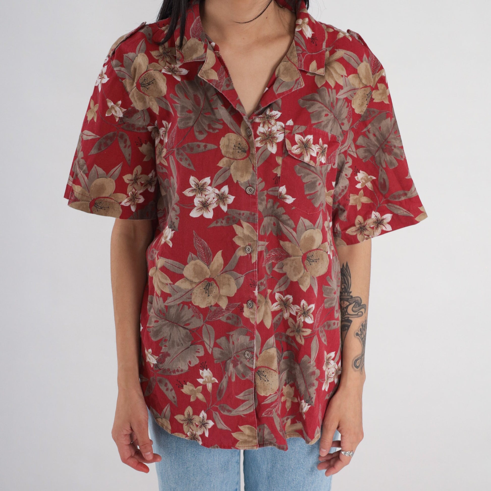 90s Red Tropical Floral Button-Up Shirt Short Sleeve Plumeria Print Extra Large XL