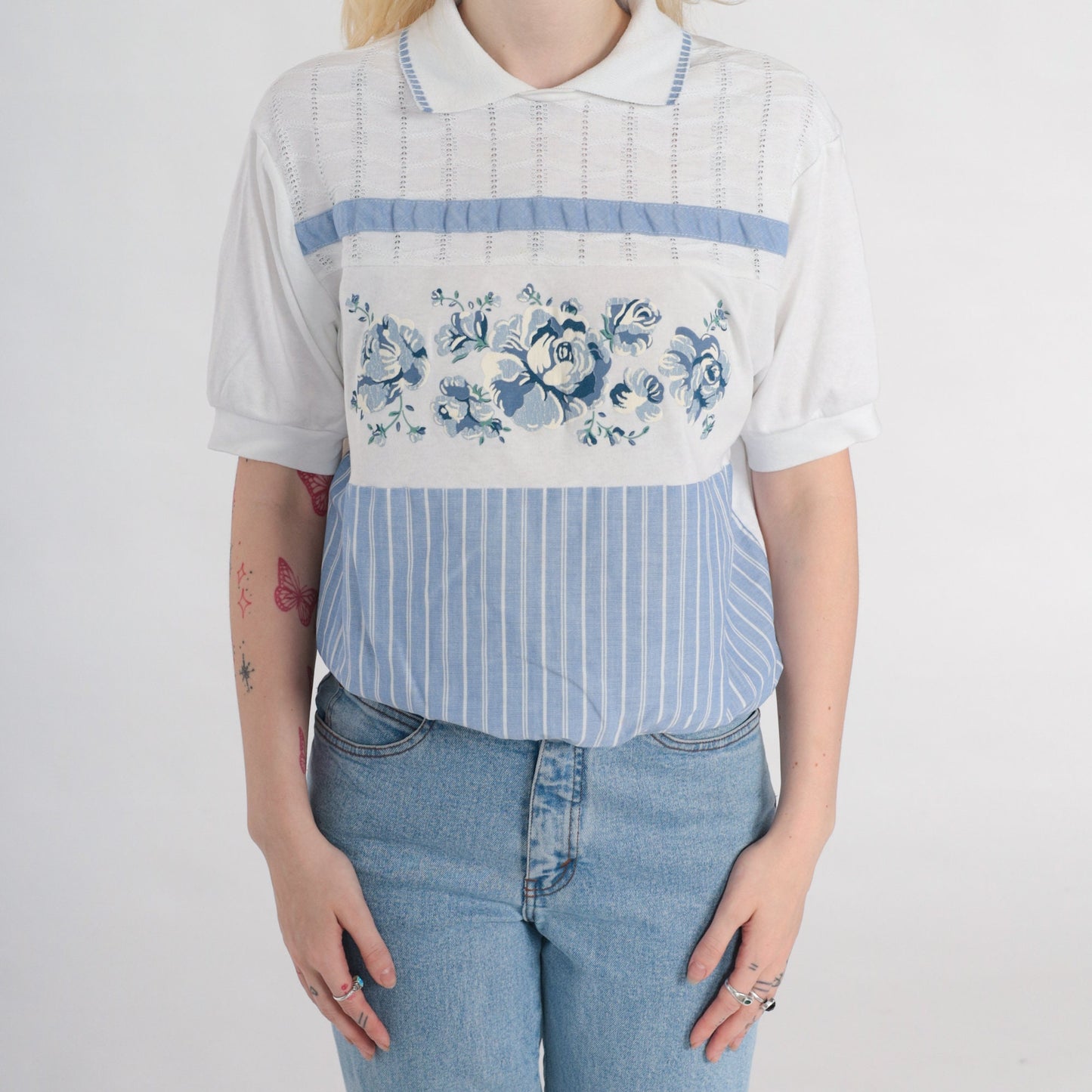 90s Floral Striped Blouse White Blue Collared Short Sleeve Large L