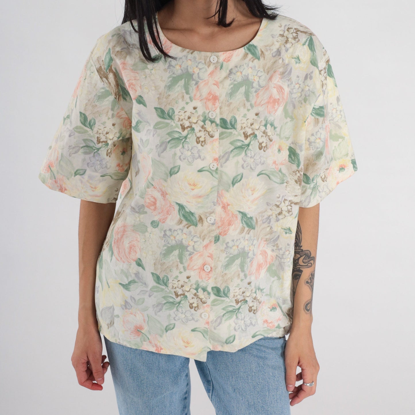 90s Floral Rose Print Button-Up Blouse Short Sleeve Cream Pink Green Large L