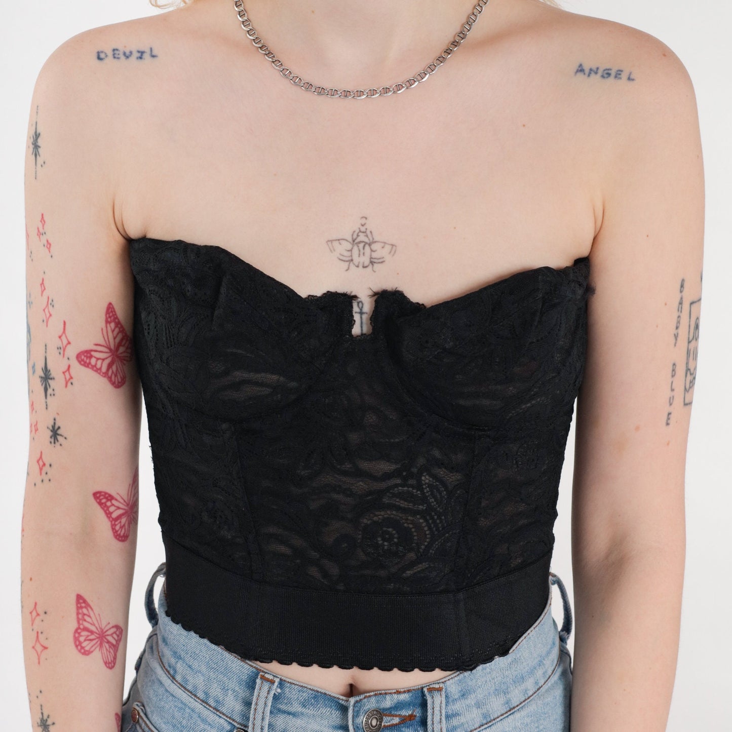 90s Black Lace Strapless Bustier Bra Underwire Sweetheart Neckline 34D