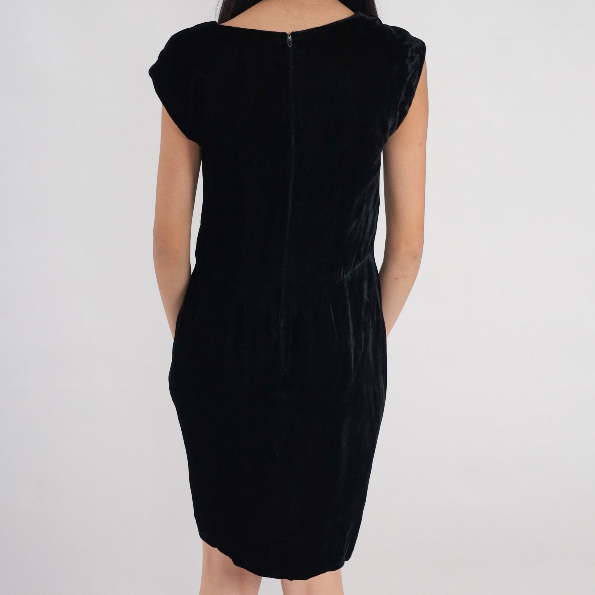 60s Black Velvet Mini Dress Cap Sleeve Pencil Front Slit Small