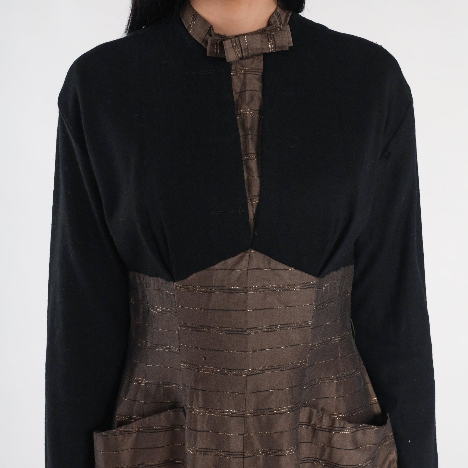 1950s Metallic Striped Brown Wool Midi Dress Black Bow High Neck Medium